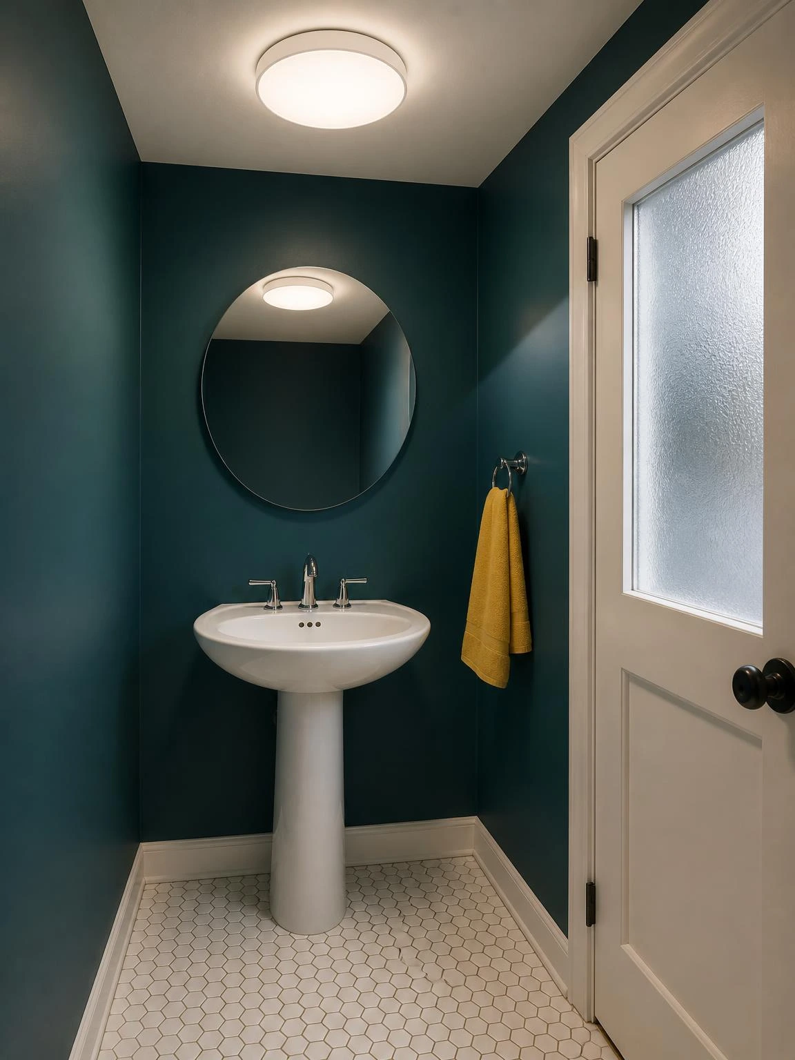 Flush mount ceiling light centered in a 5x5 teal powder room, casting even warm-white glow over pedestal sink and hex tile floor