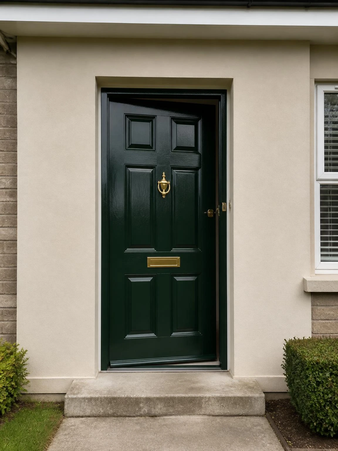 Suburban house exterior with a freshly painted deep forest green gloss timber front door, brass knocker and letterbox catching soft daylight against warm neutral rendered walls