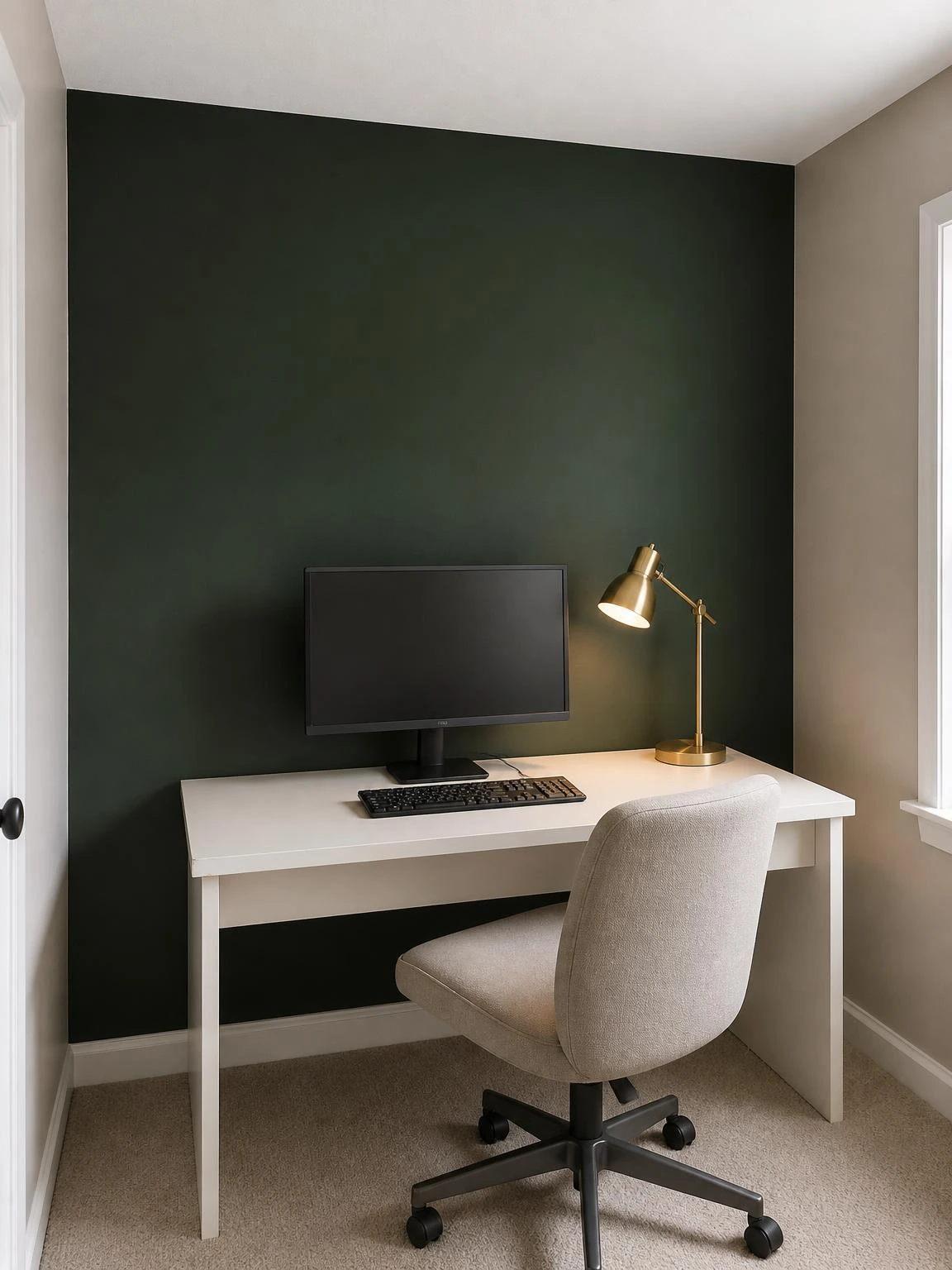 Forest green matte feature wall anchoring a minimal home office desk setup with brass lamp and monitor in a compact room