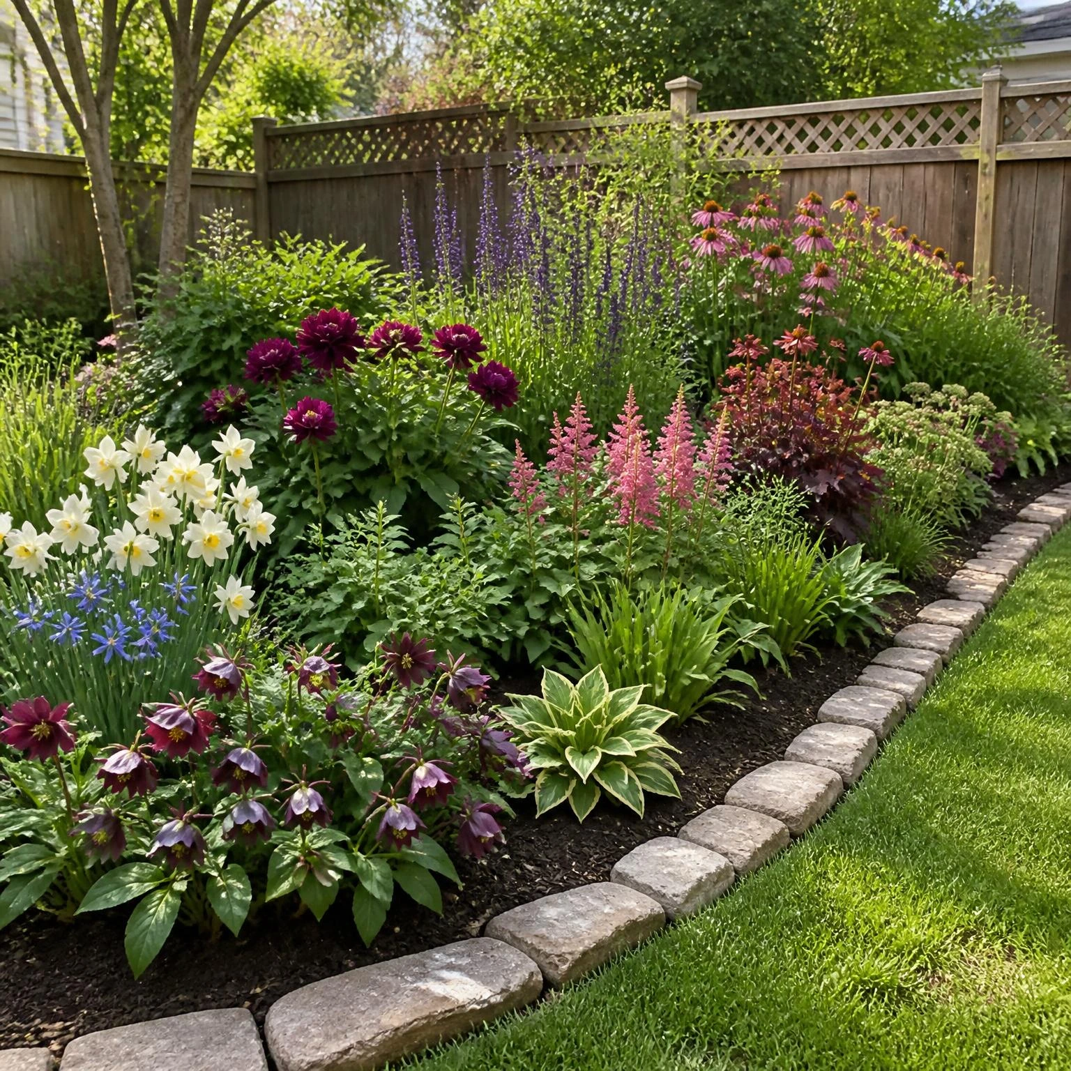 Compact four-season backyard flower garden with stone edging, layered blooms, soft green foliage, and burgundy accents