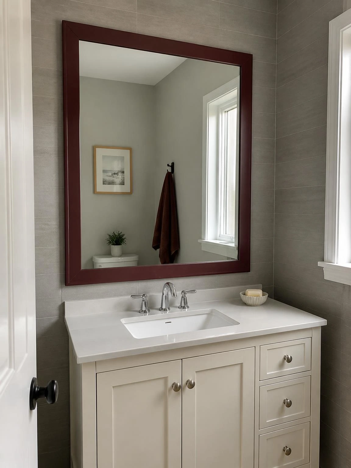 Compact bathroom vanity with a plain builder mirror upgraded using burgundy-painted pine trim frame, mitered corners flush against glass, above an ivory vanity with chrome fixtures and warm gray tile