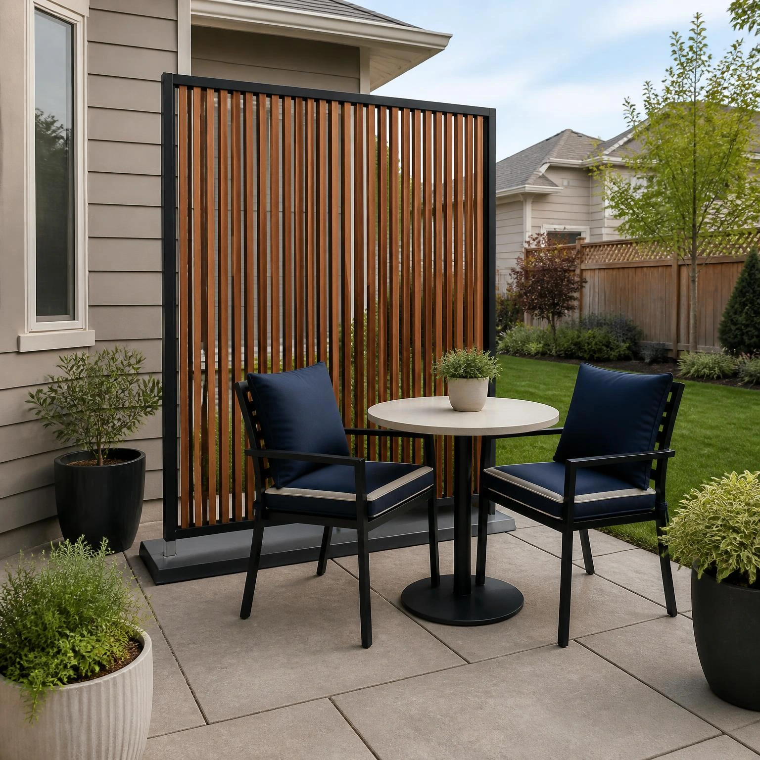 Freestanding slatted privacy screen creates backyard privacy behind a compact patio dining set while keeping one side open for airflow