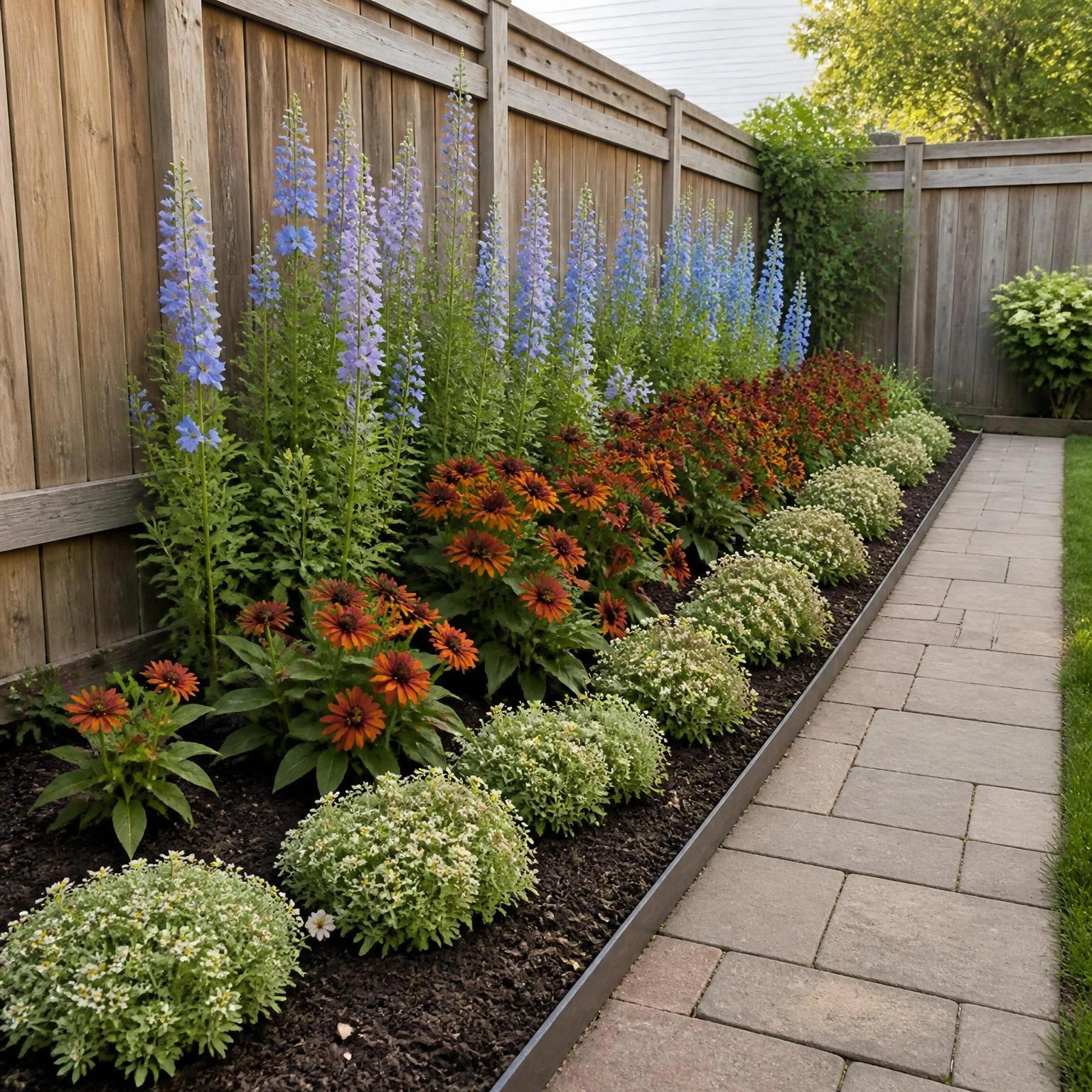 Narrow small backyard flower garden ideas bed uses low stone edging, rust blooms, and tall blue flowers by the fence.
