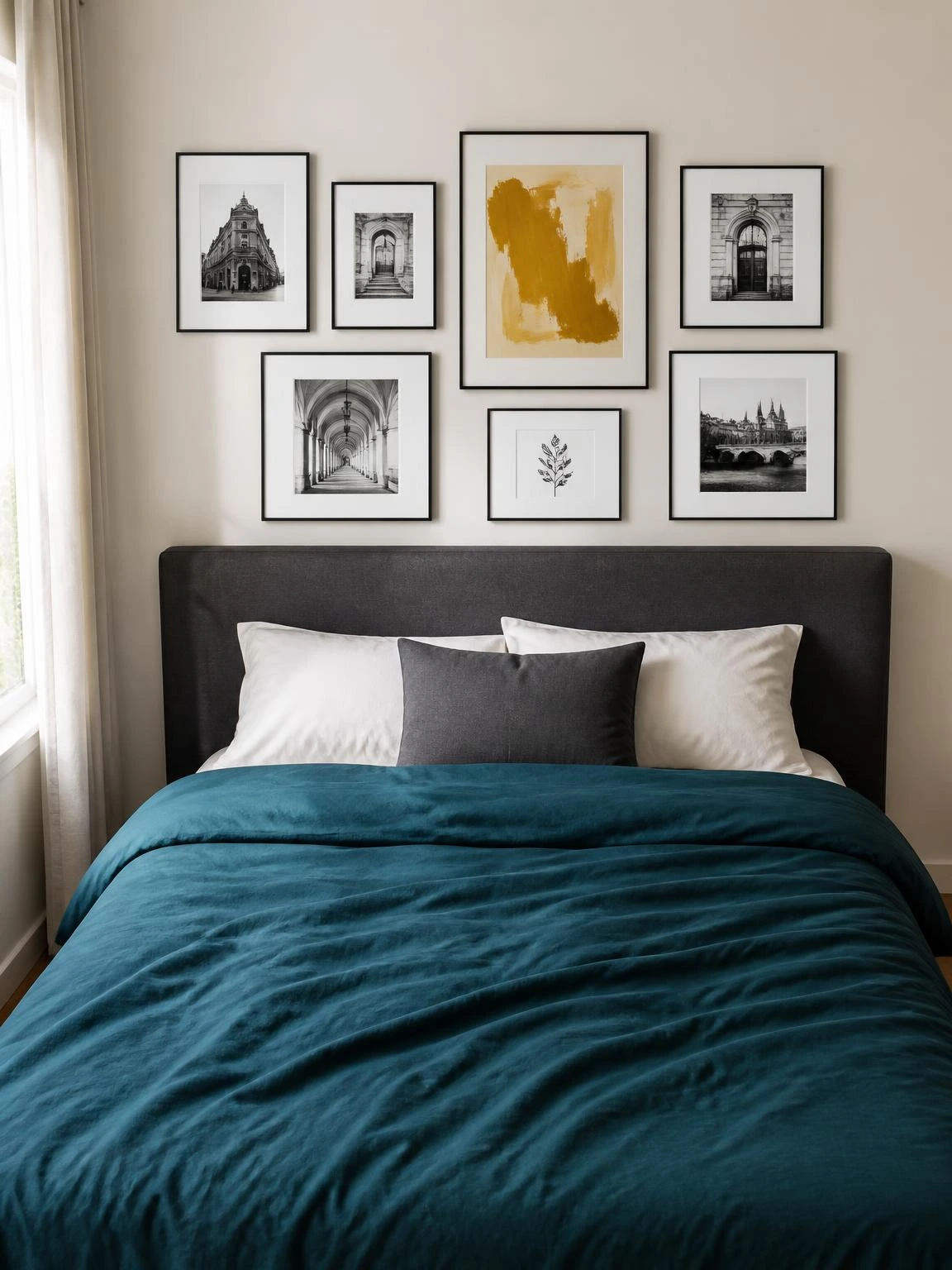 Seven black frames in a symmetrical grid above a charcoal linen headboard, anchoring a couple room decor ideas bedroom with teal bedding and a mustard abstract focal print