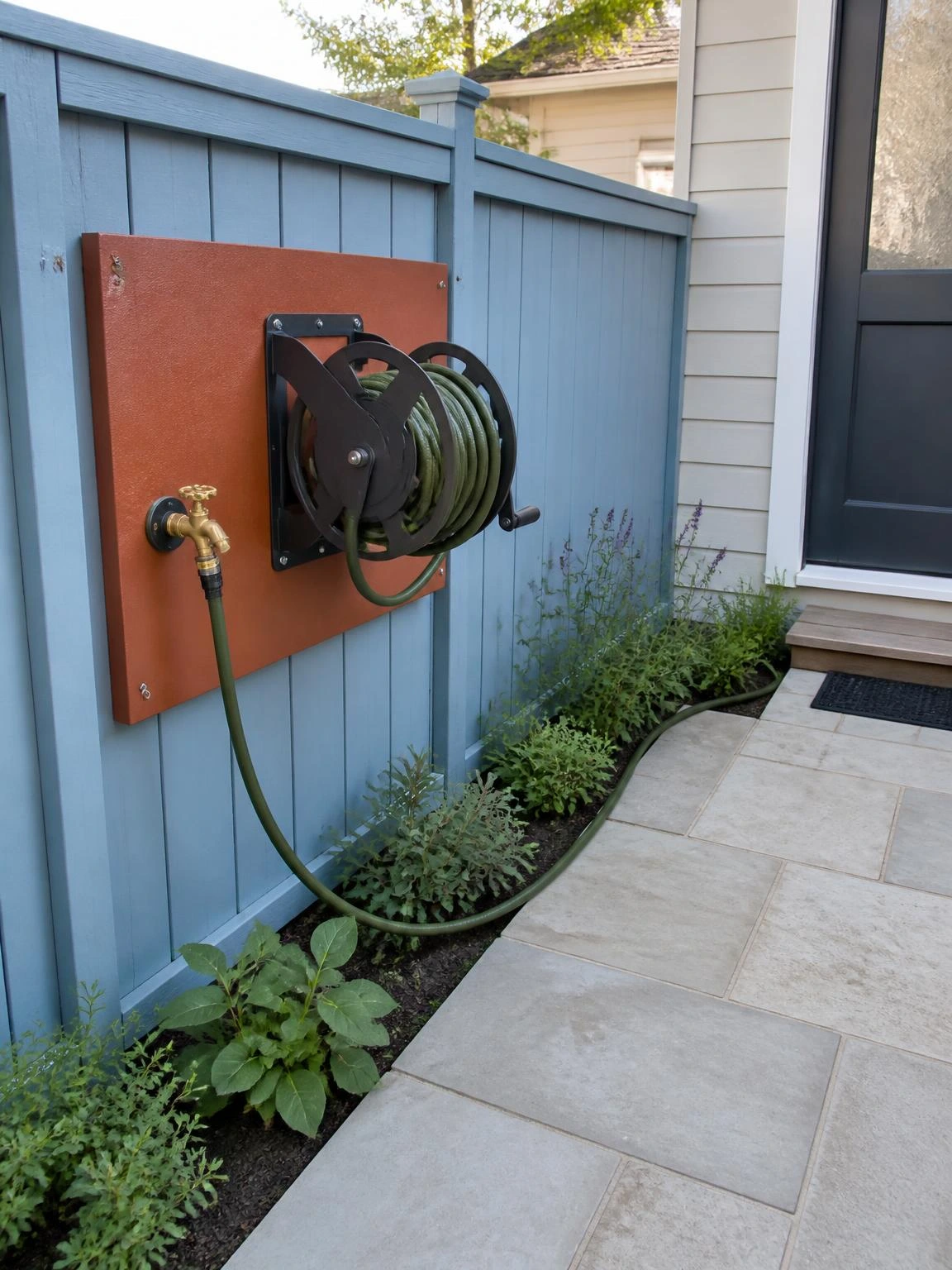 Wall-mounted garden hose station on a rust utility board beside a tap, keeping a clear path across stone paving in a tidy side yard.