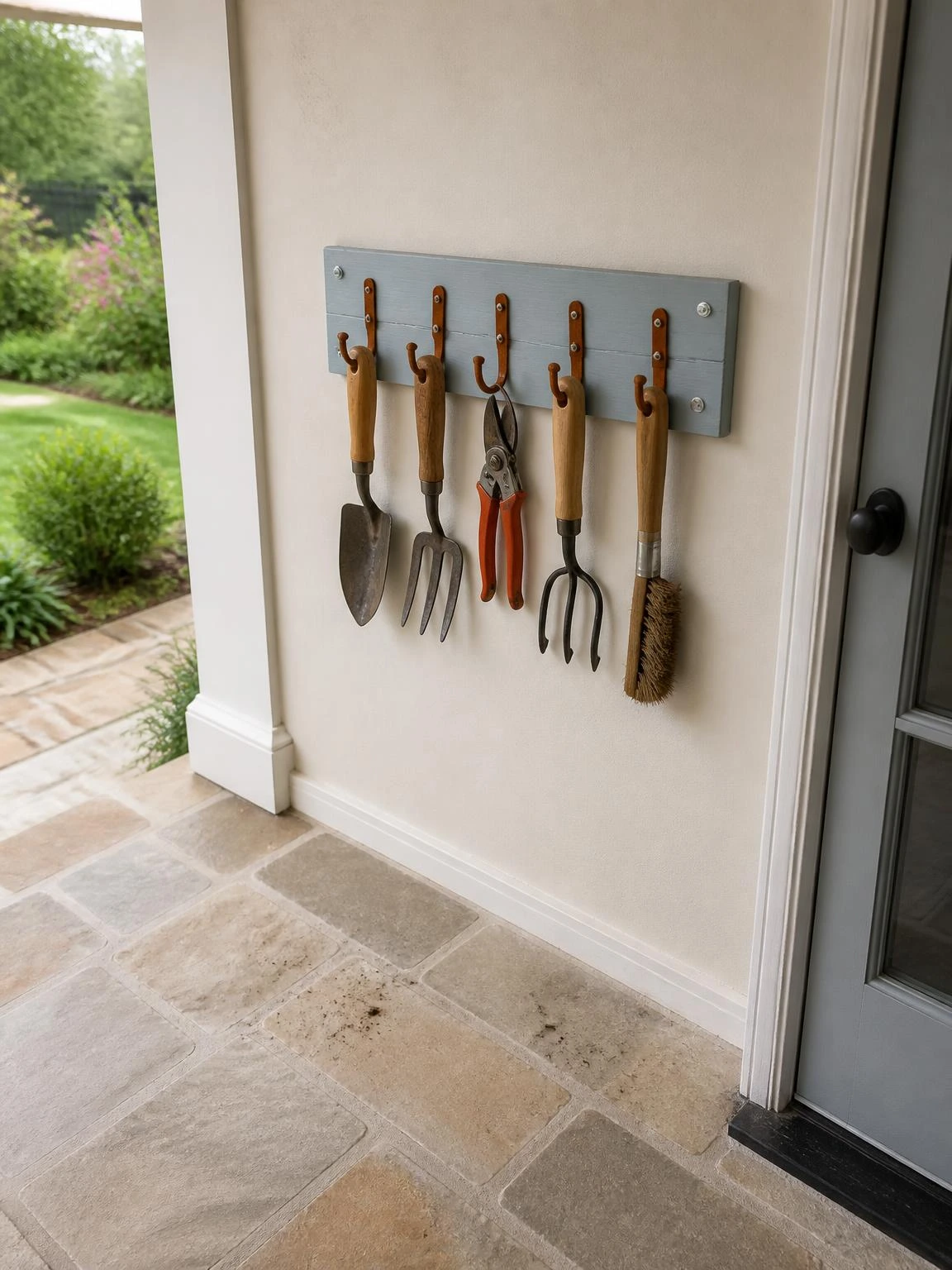 DIY garden projects rack with hand tools on a soft-blue board, safely mounted beside a porch door with clear walking space
