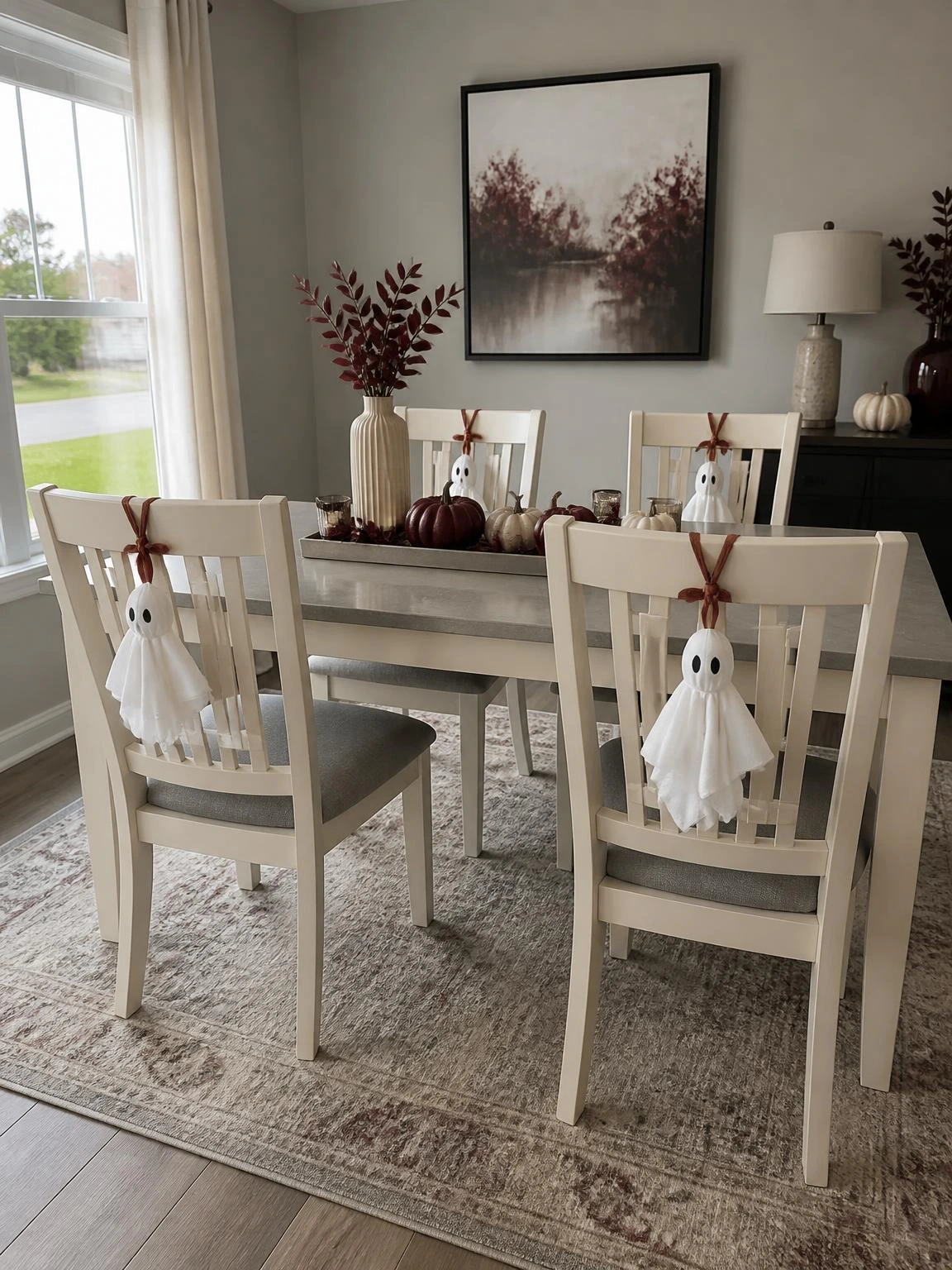 Four dining chairs wear small white ghosts tied safely to their backs, a practical Halloween party idea for the table.