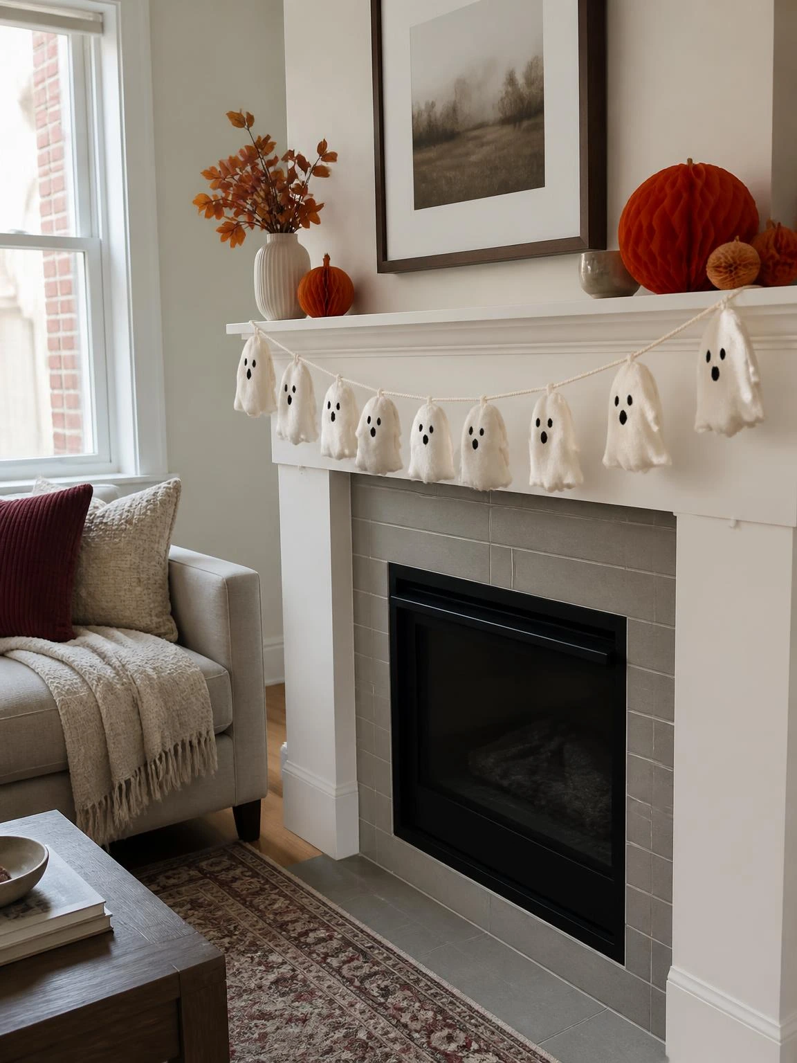 Warm-white ghost garland spans a complete apartment mantel, illustrating a handmade halloween crafts diy project with neat fabric details.