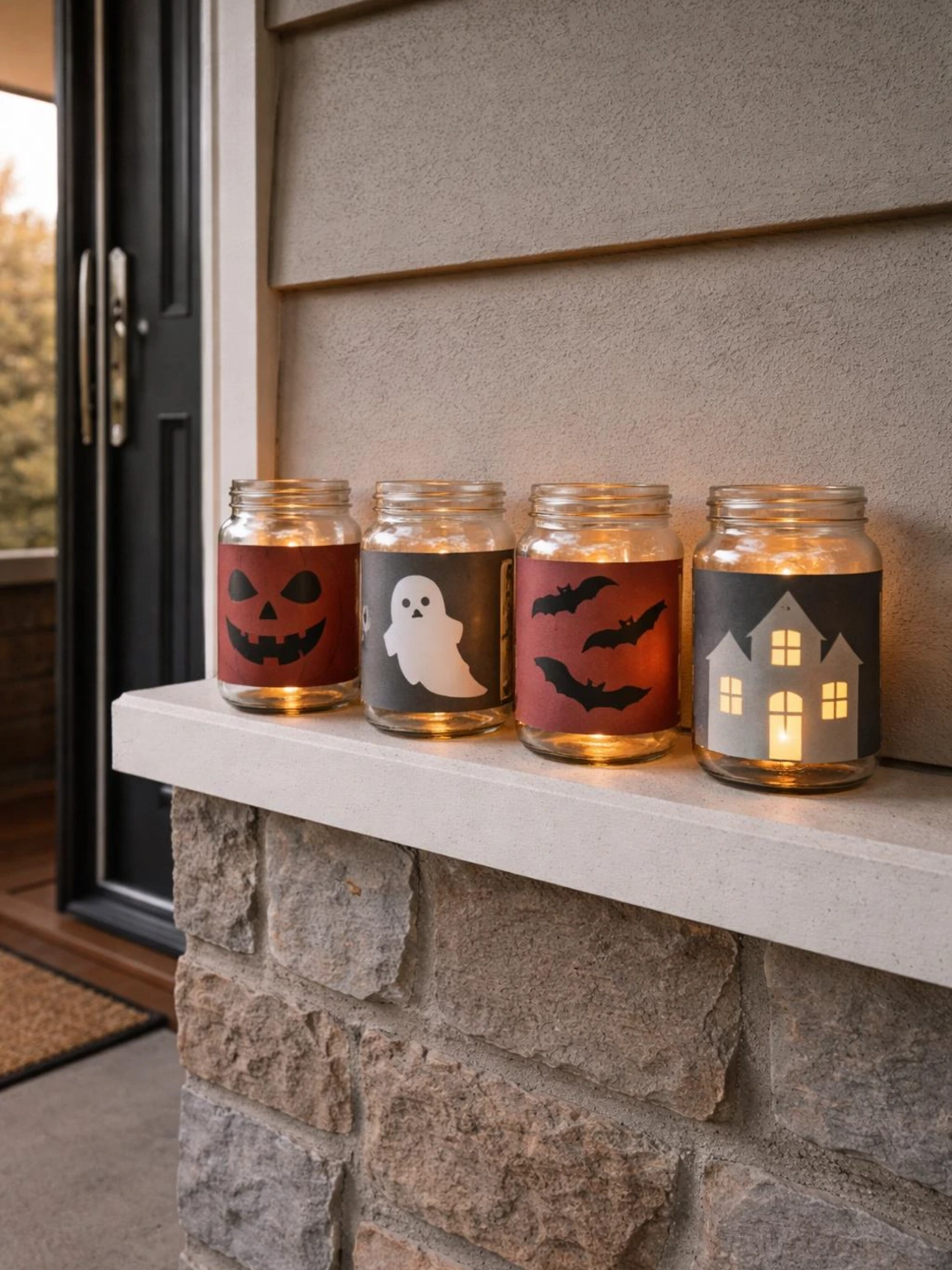 Four battery-lit Halloween jar lanterns with burgundy and charcoal cutouts glow safely on a covered porch ledge.