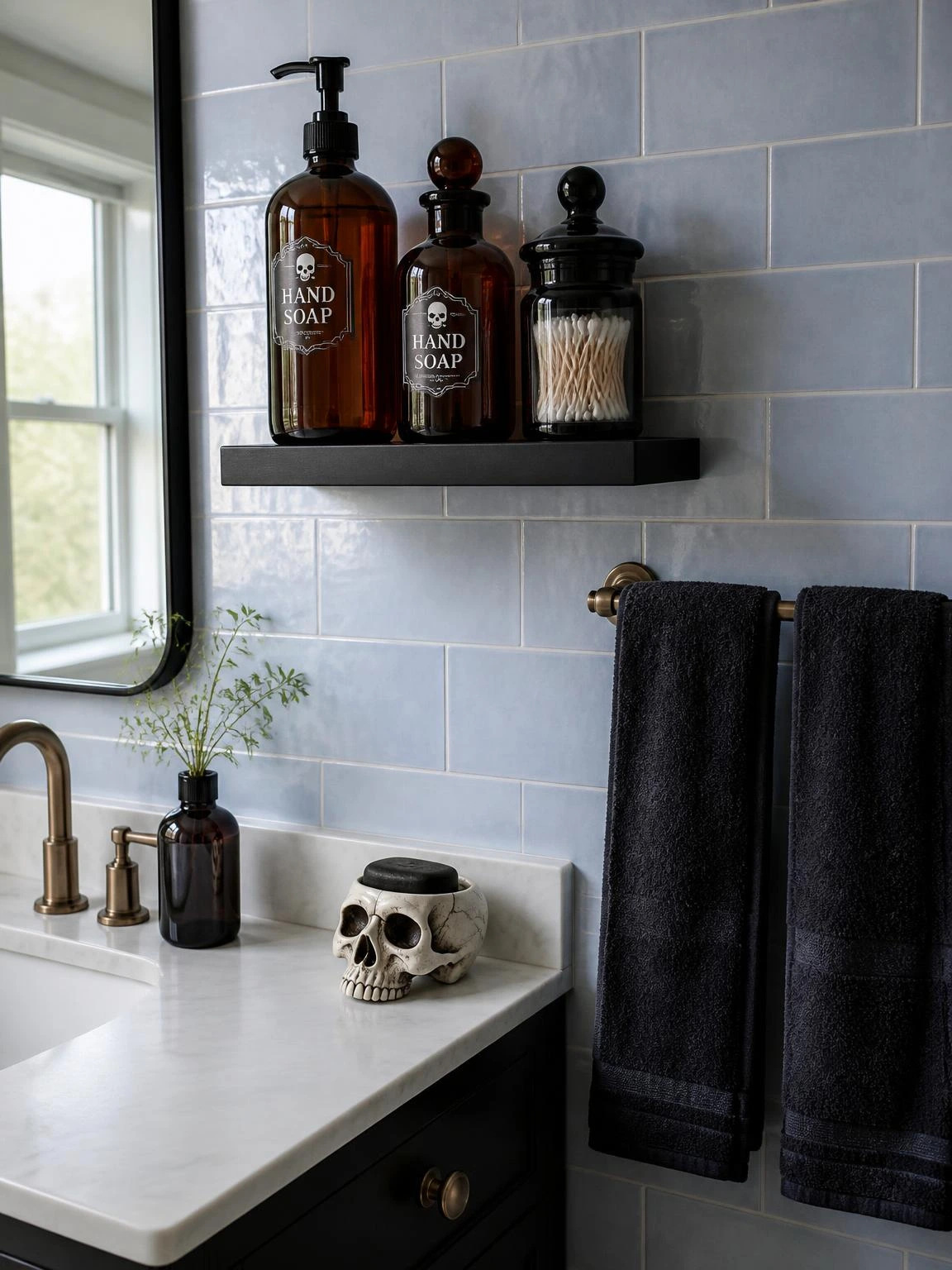 10- Gothic Apothecary Shelf in Bathroom - gothic halloween decorations indoor