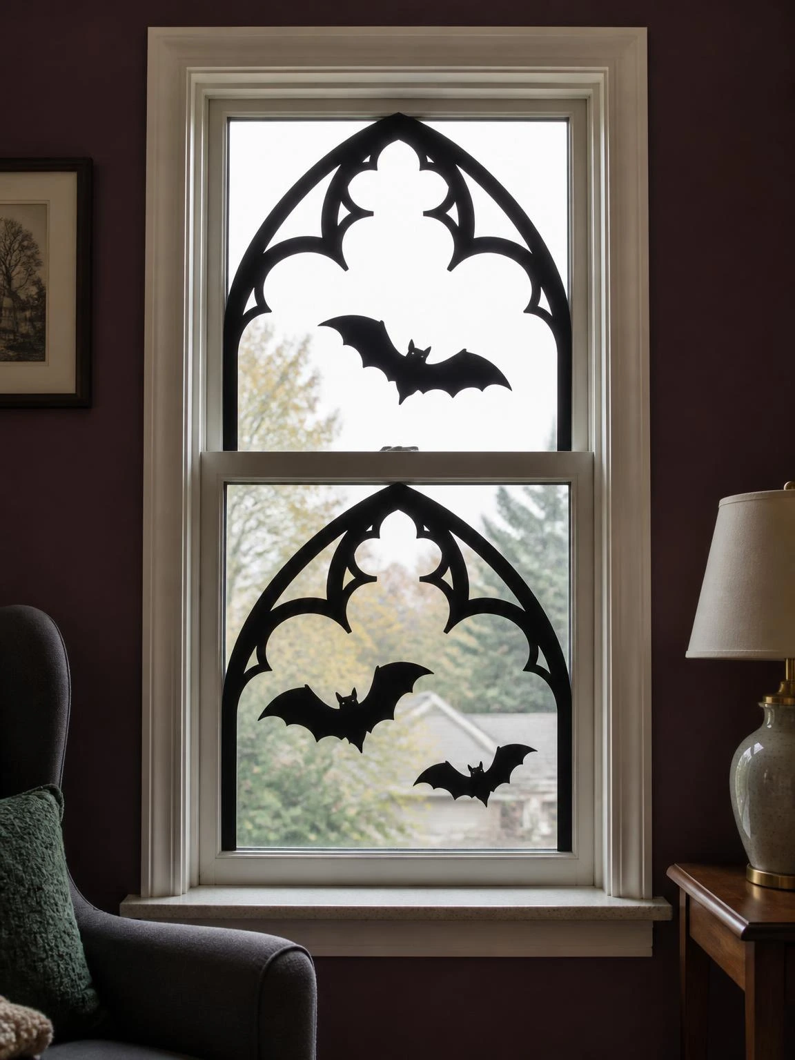 Black cardstock gothic arch and bat silhouettes adhered to a living room window, backlit by morning daylight against plum walls for bold gothic halloween decorations indoor