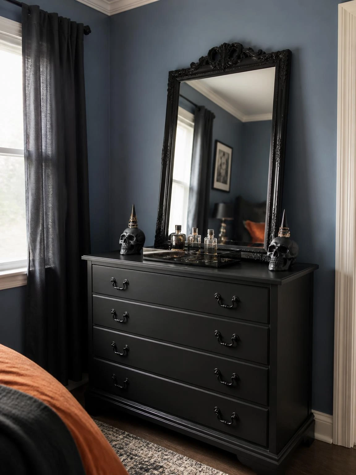 19- Gothic Bedroom Dresser Mirror Styling - gothic halloween decorations indoor