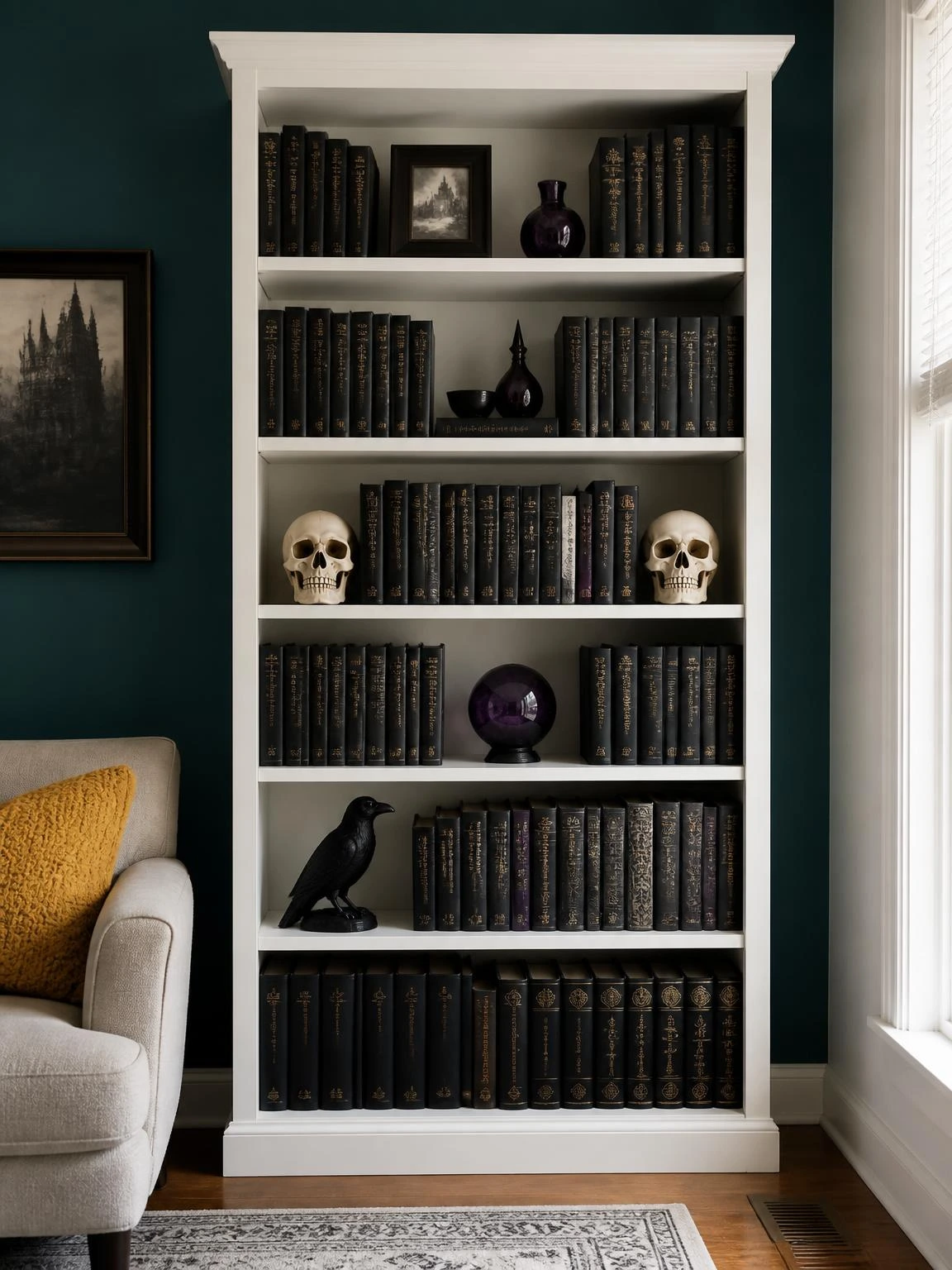 7- Gothic Bookshelf Skull and Raven Styling - gothic halloween decorations indoor