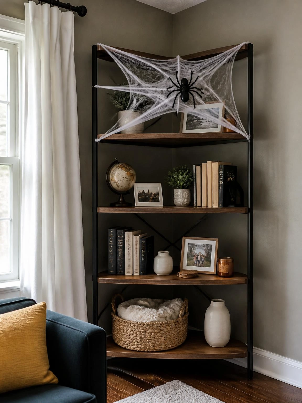 15- Gothic Cobweb Stretched Across Corner Shelving - gothic halloween decorations indoor