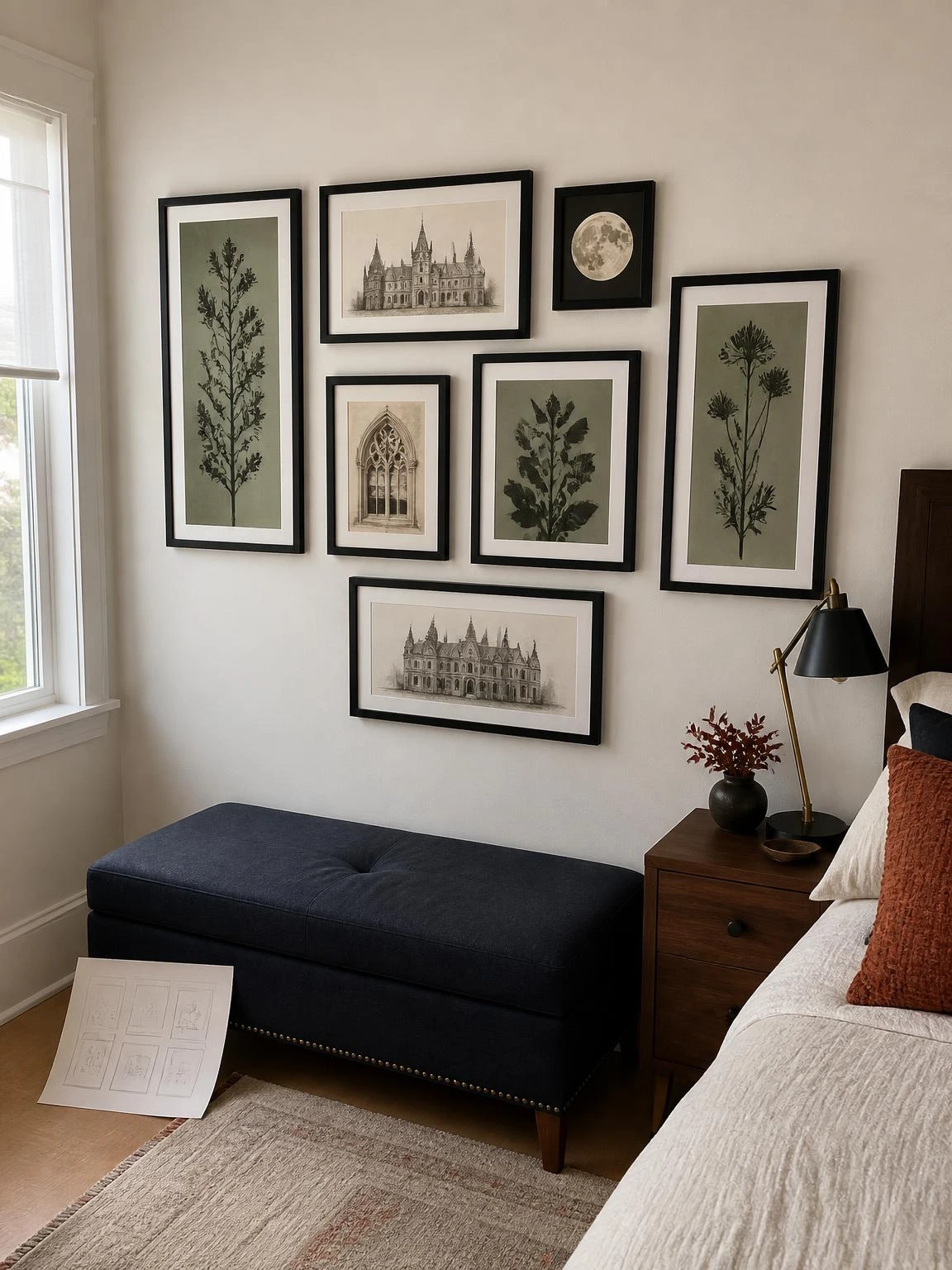 Orderly black-framed Halloween gallery wall with botanical art, architectural sketches, and an ivory moon above a navy bench