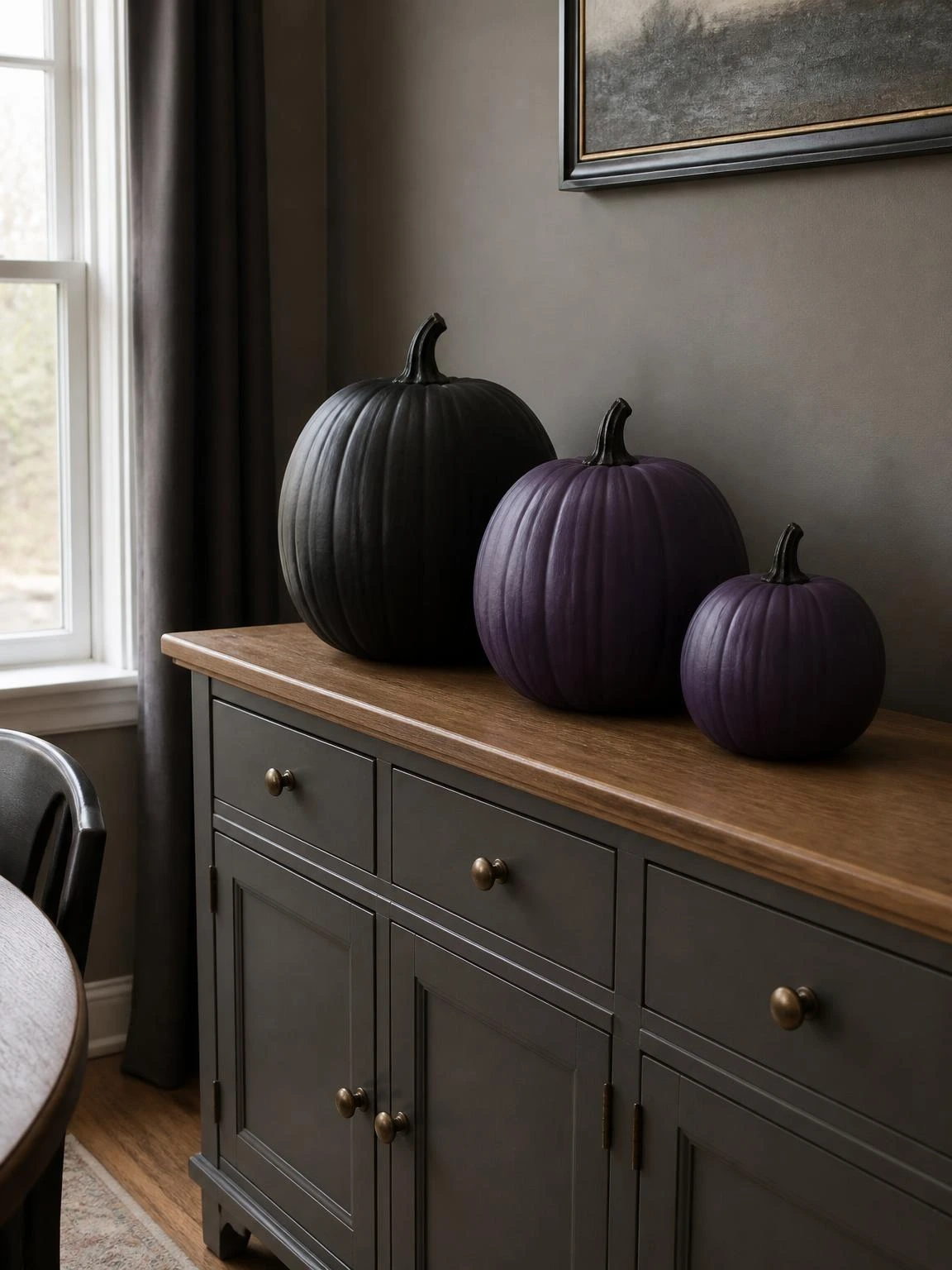 17- Gothic Painted Pumpkin Display on Indoor Sideboard - gothic halloween decorations indoor