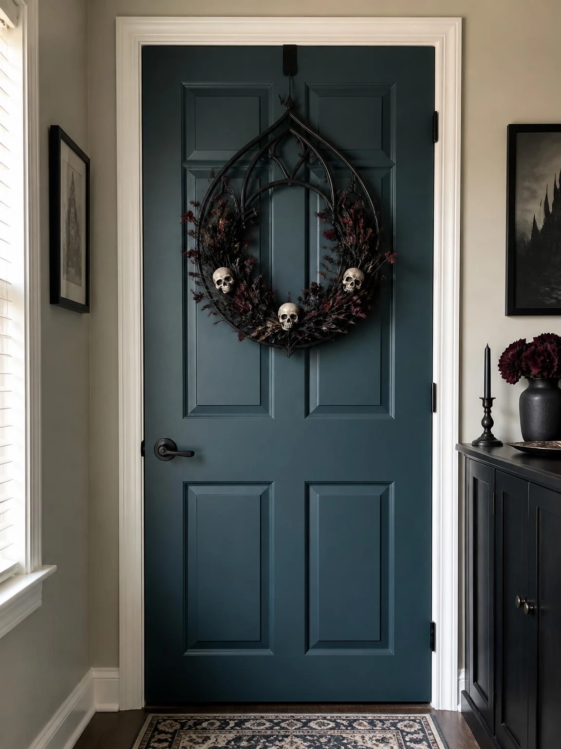 13- Gothic Wreath on Interior Door - gothic halloween decorations indoor