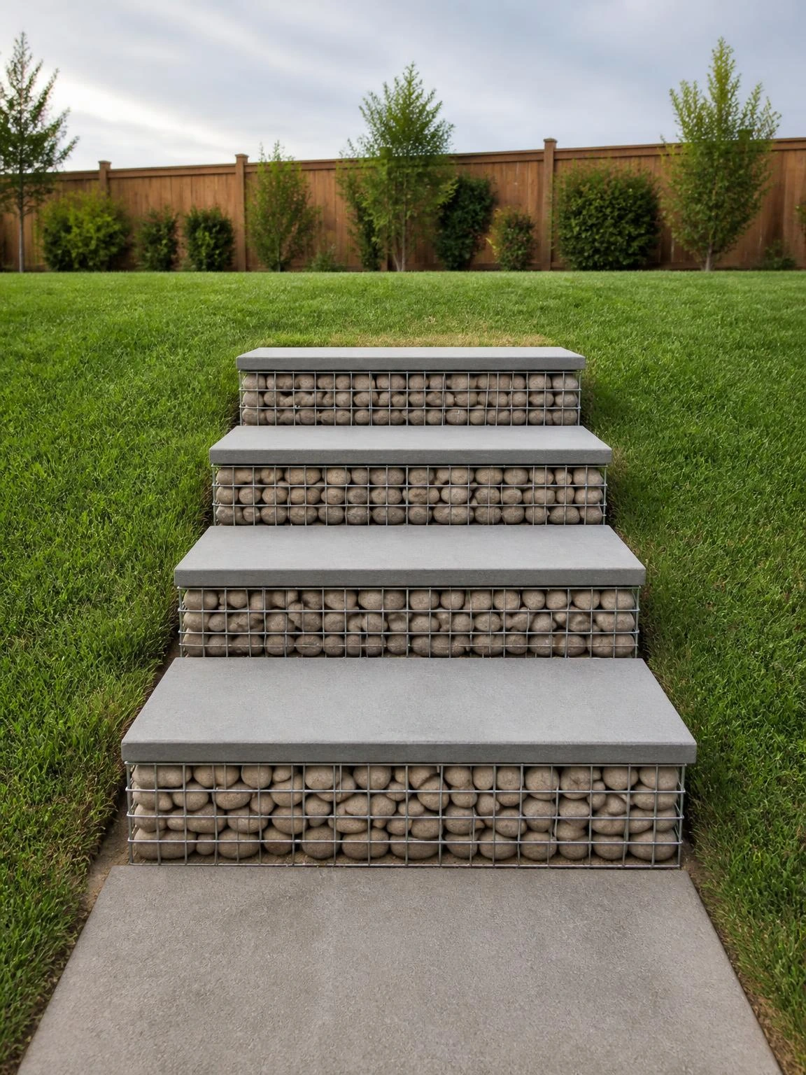 Gabion basket risers packed with river cobble support smooth concrete cap treads on a gently sloping backyard landscape stair