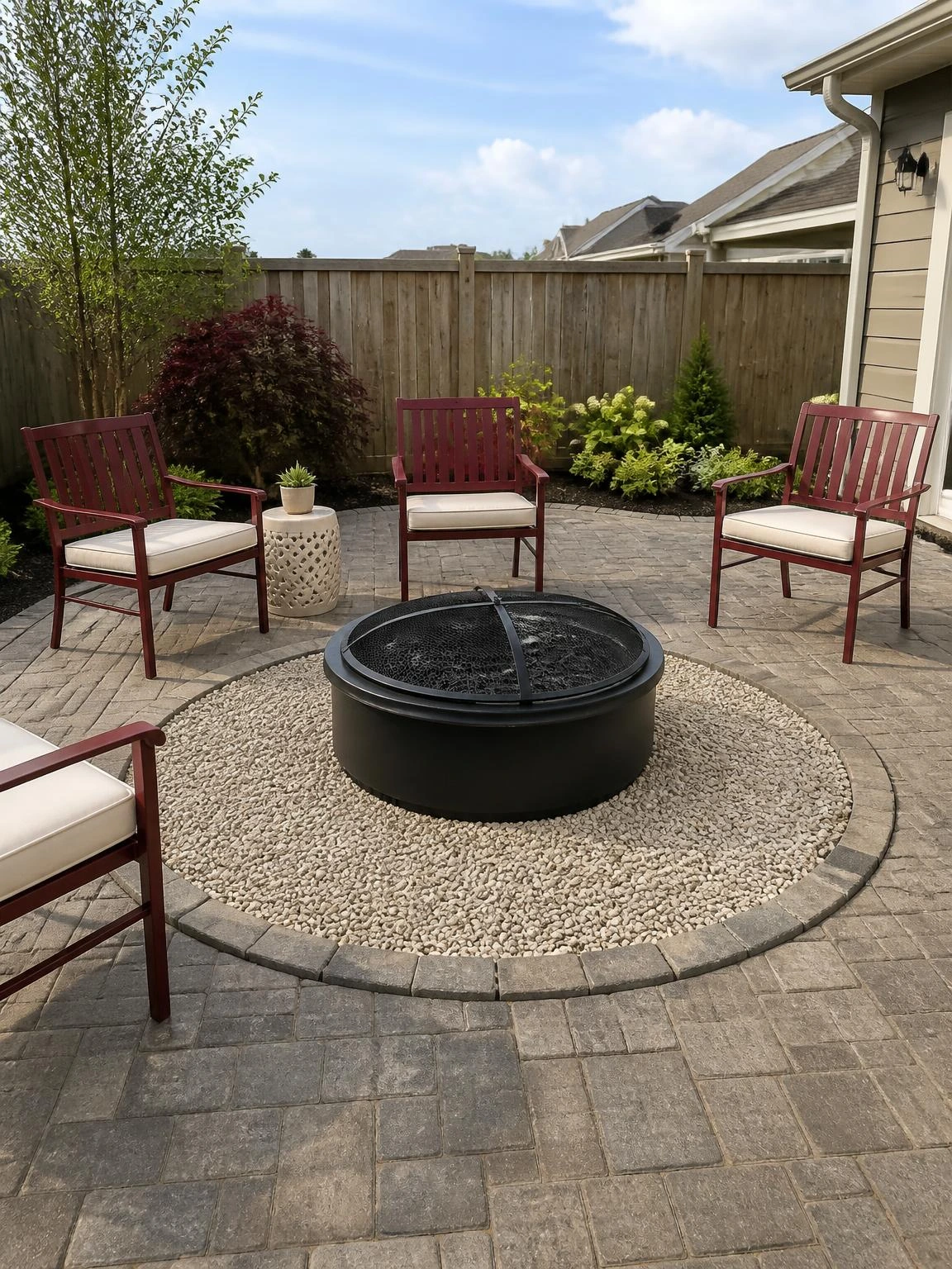 Decorative gravel fire-pit border on a maintained patio, with pavers and chairs arranged beyond the required safety clearance.