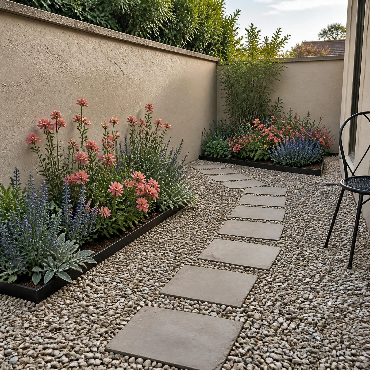 Small backyard flower garden ideas with coral blooms in two metal-edged gravel pockets and stepping stones by a stone wall