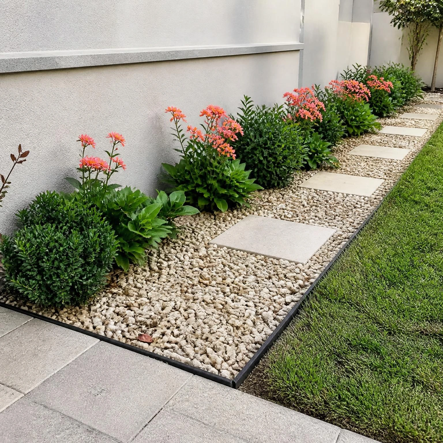 Slim small backyard flower garden beside a rendered wall, with coral blooms, forest-green foliage, pale gravel, and stepping stones.