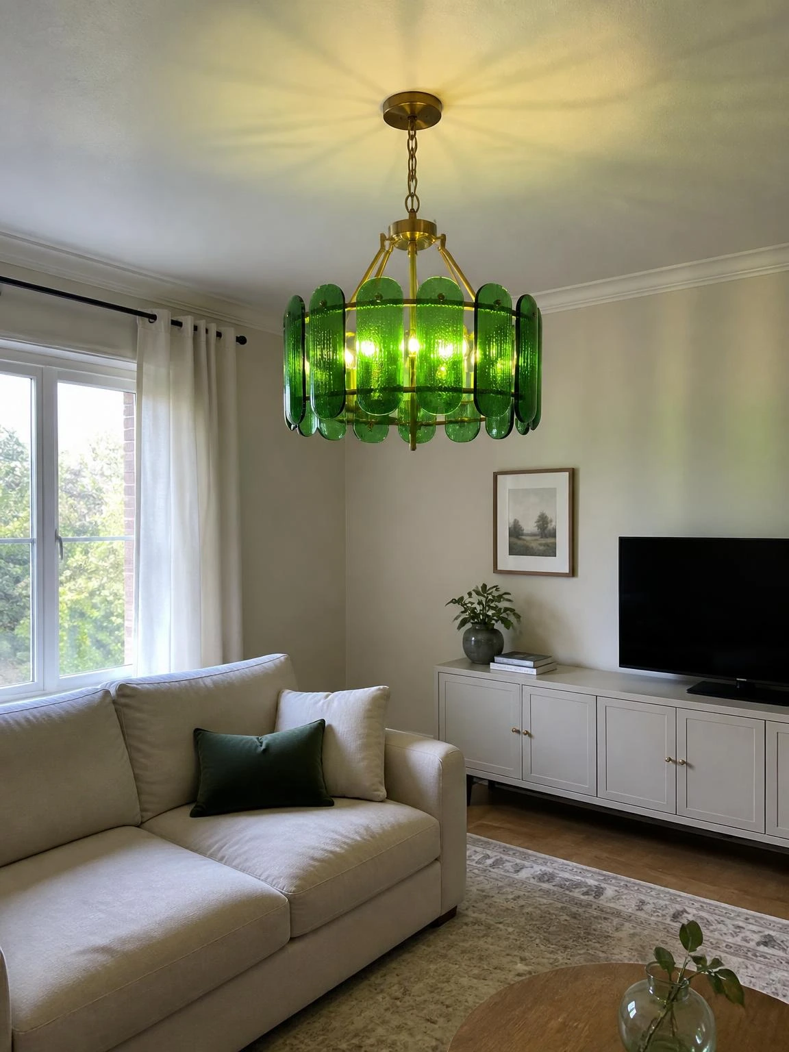 Forest-green glass chandelier above a neutral sofa, showing a stylish living room chandelier idea with soft tinted light and balanced scale