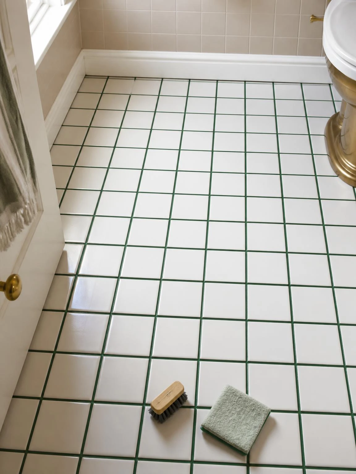 White square bathroom floor tiles with freshly applied forest green grout colorant creating crisp, even lines — a simple grout refresh that transforms the whole floor