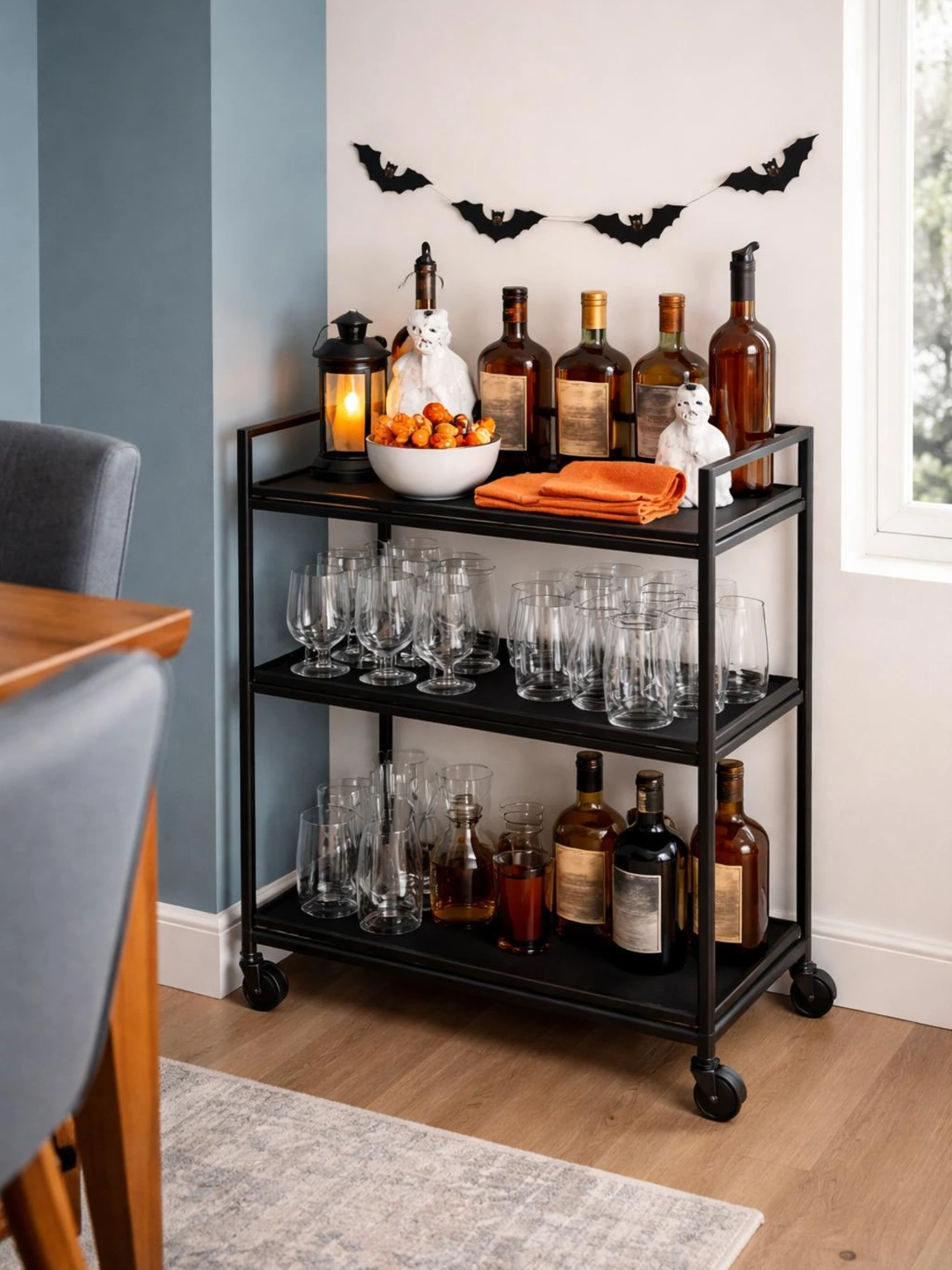 Halloween bar cart decor styled with bottles, treats, orange towel, and glassware in a compact contemporary dining area