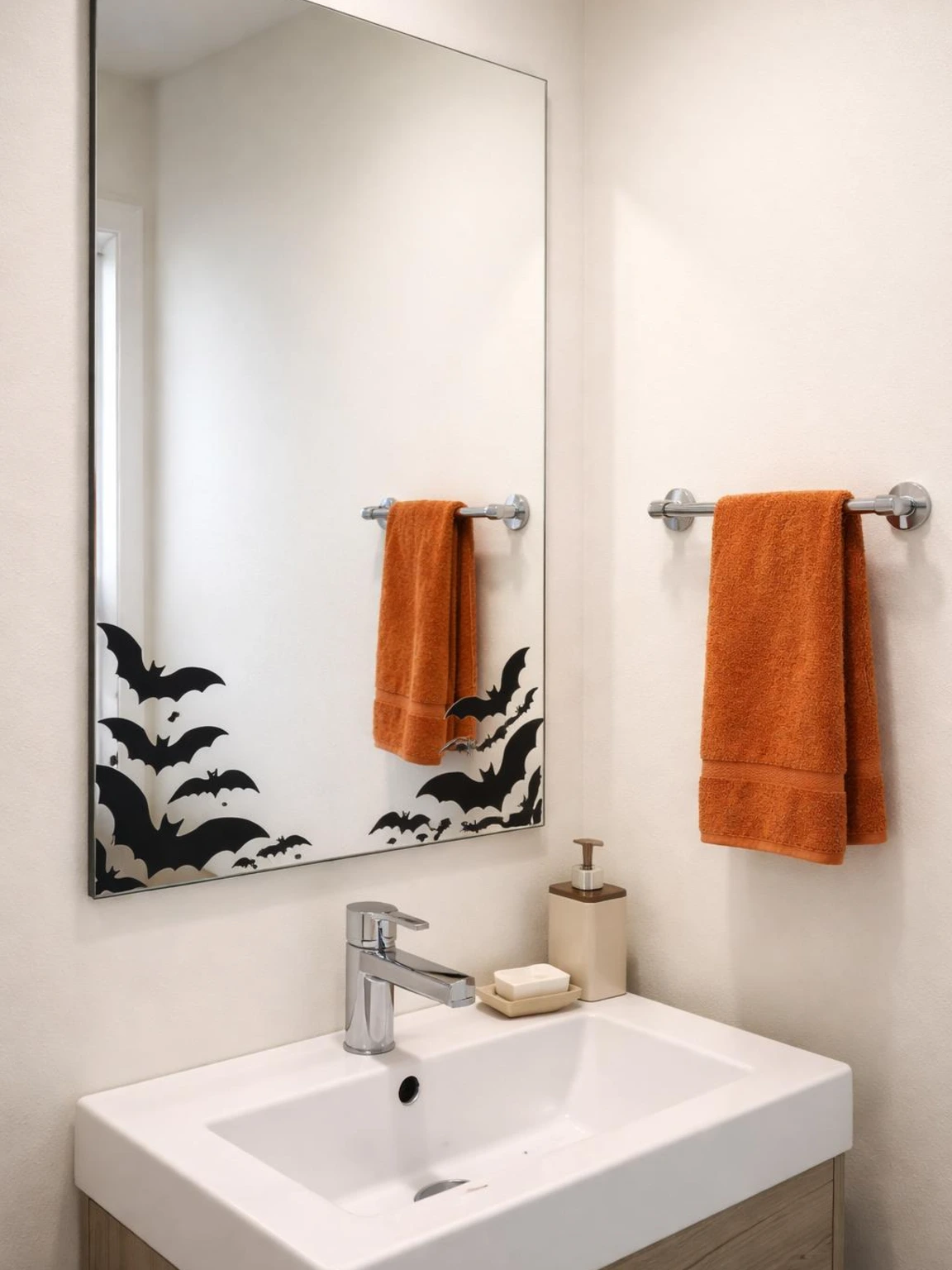 Removable black bat decals accent the lower corners of a powder room mirror, a practical halloween decor idea with an orange towel