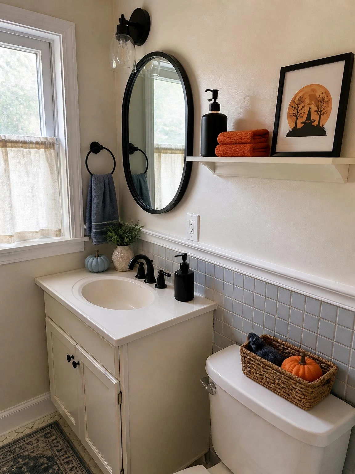 Halloween bathroom shelf with black soap dispenser, orange hand towels, and framed seasonal print above an unobstructed guest-bath sink