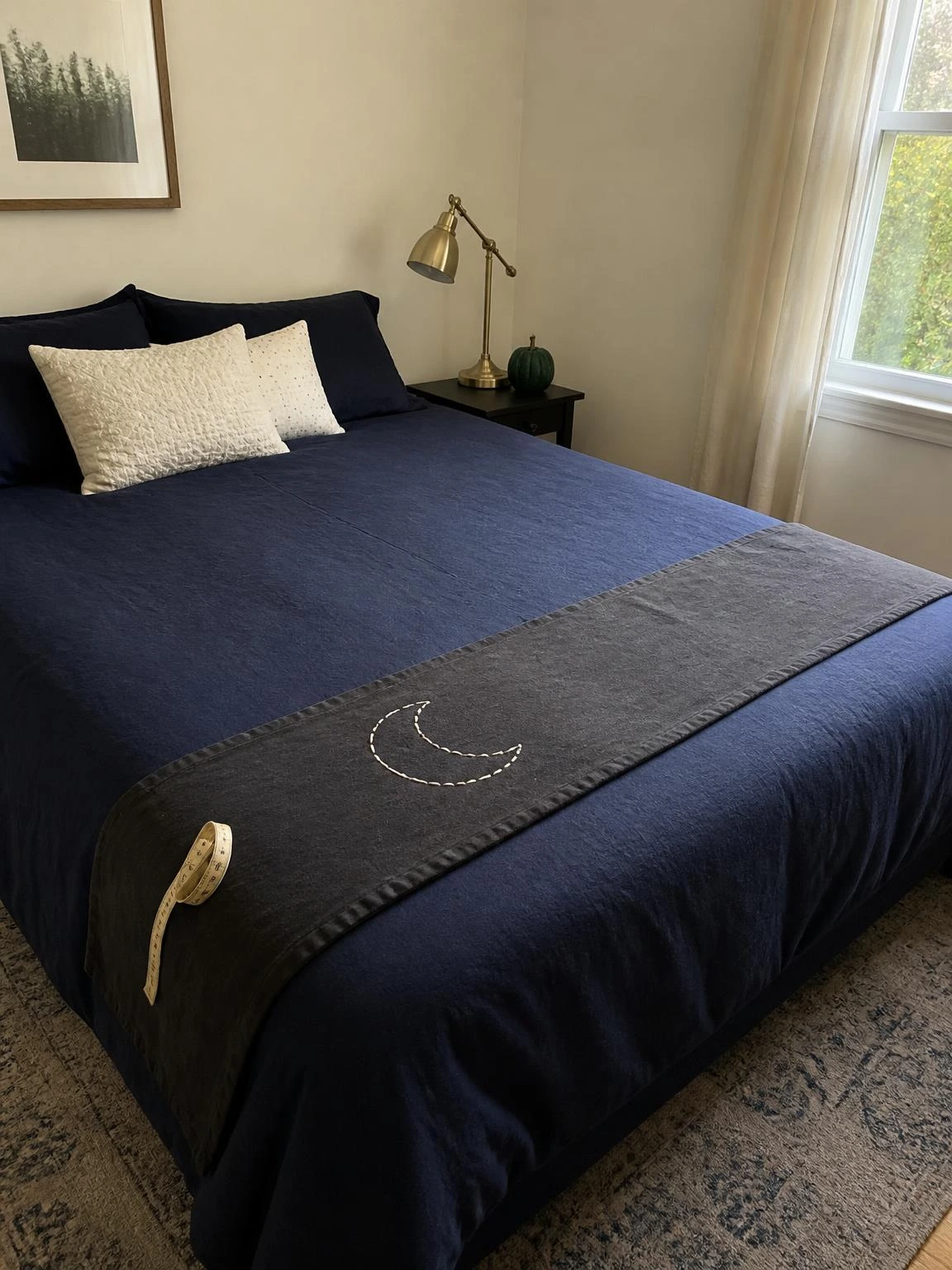DIY Halloween bed runner with an ivory stitched moon on charcoal cotton, styled across a navy duvet in a compact bedroom