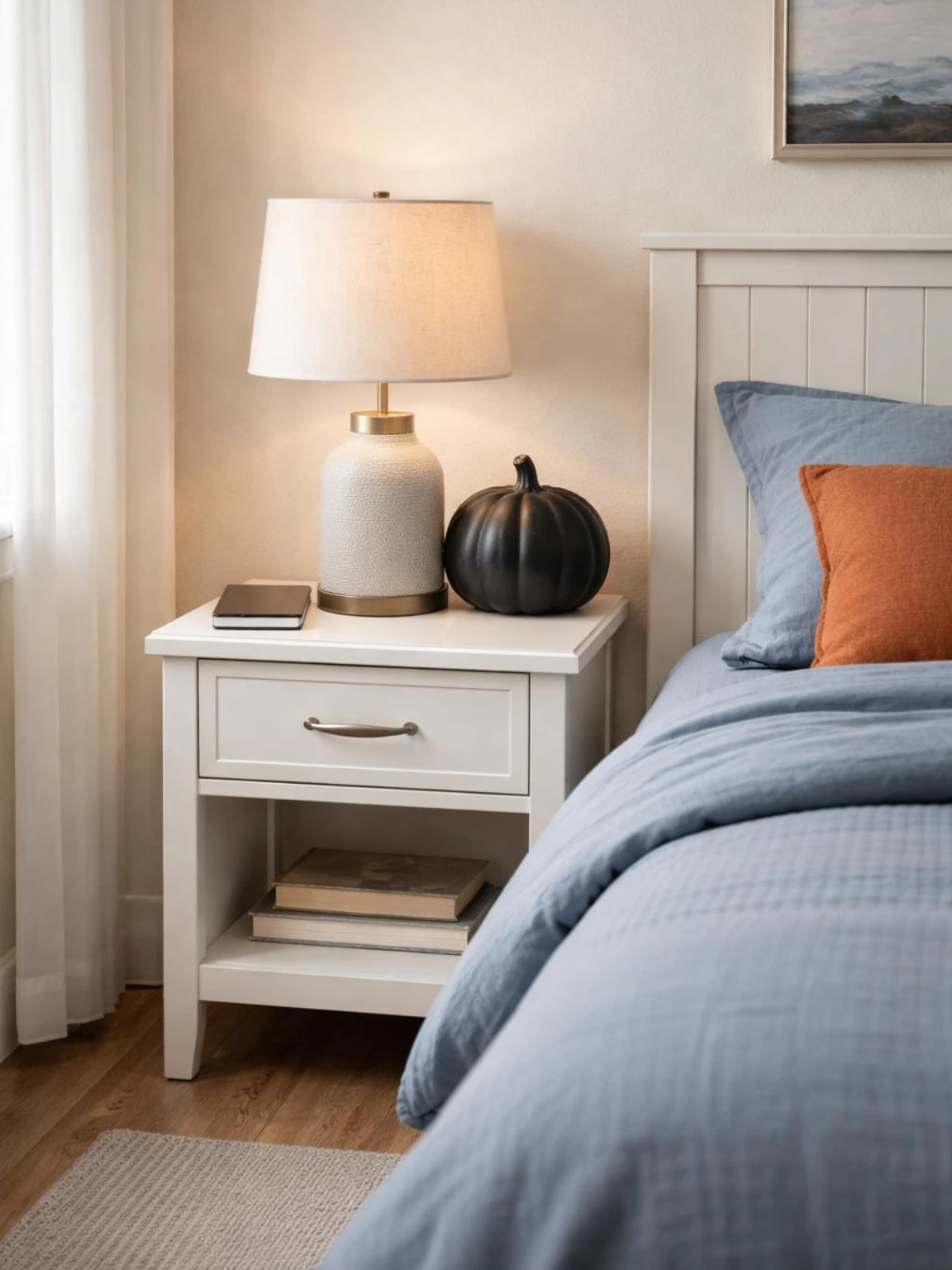 Halloween bedroom nightstand decor with a matte black pumpkin behind a warm lamp, keeping bedside space clear