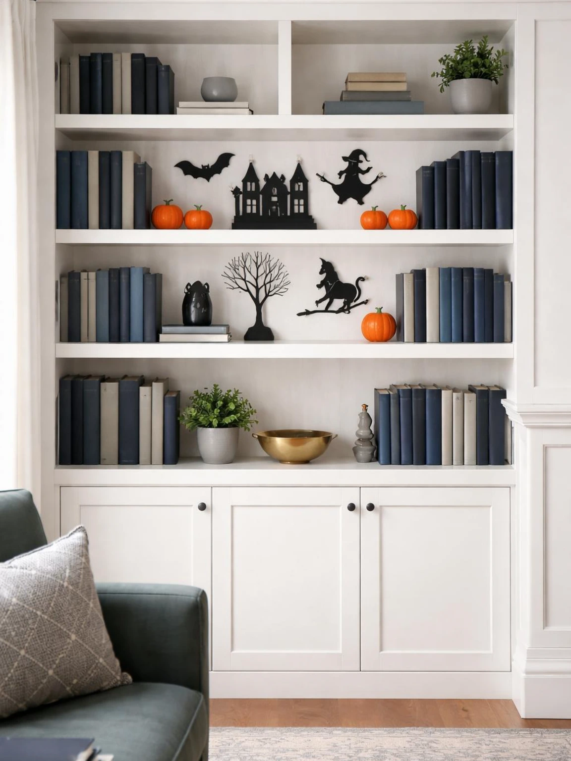 Halloween bookshelf styling with clipped black silhouettes and orange pumpkins on one elevated shelf among navy and charcoal books