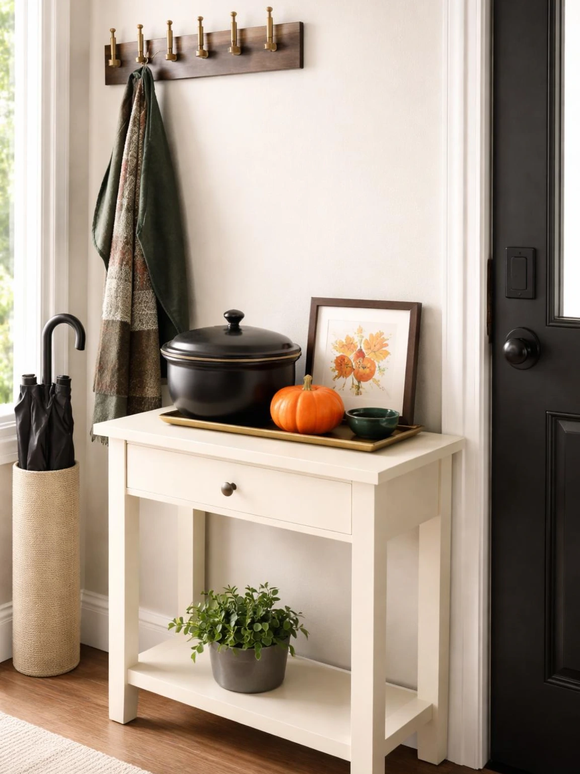 Lidded black bowl of candy on a warm-white entry console beside the door, a practical Halloween candy station with clear walkway.