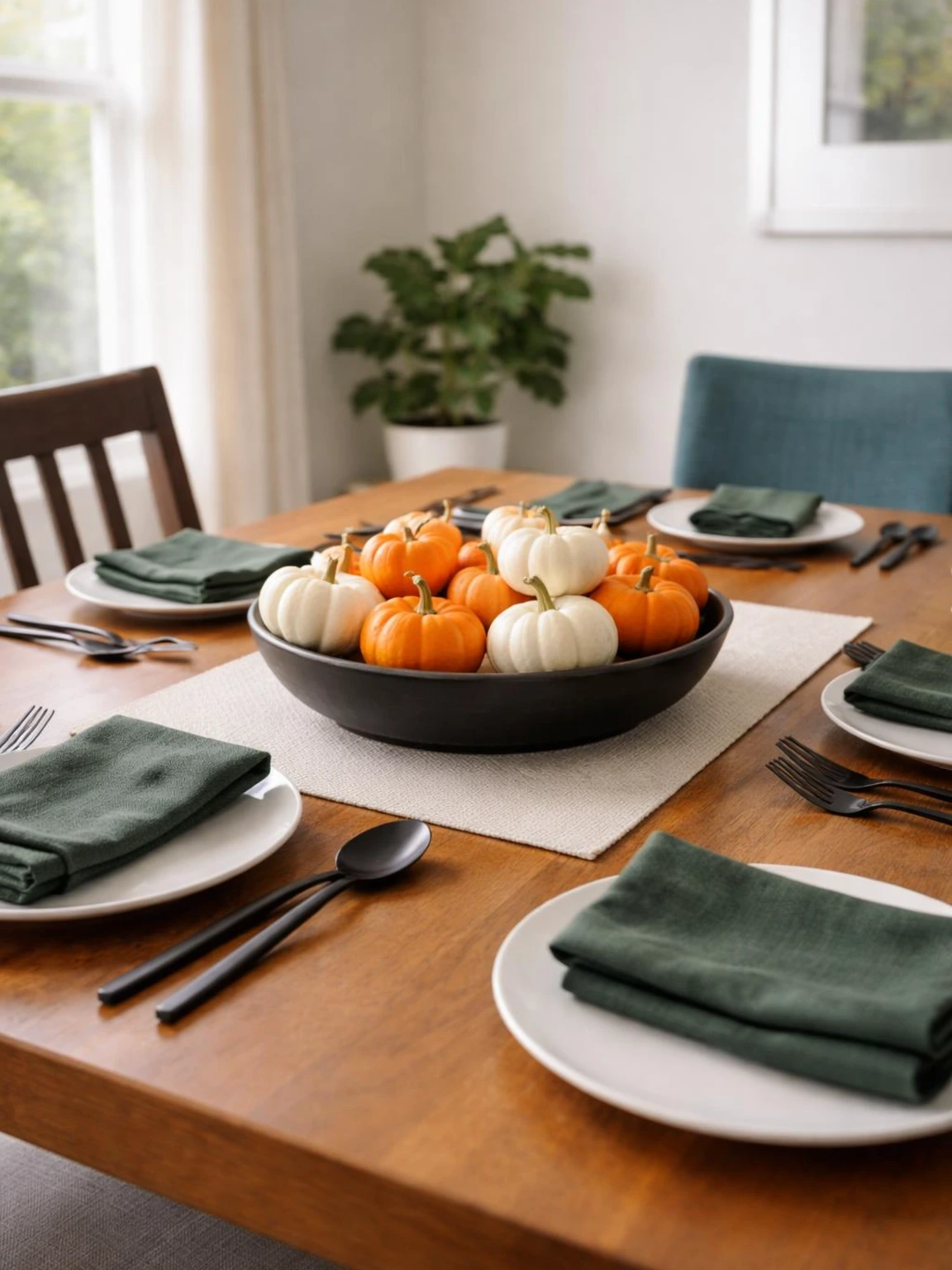 Halloween dining table centerpiece with white and orange pumpkins in a low black bowl, green napkins, and usable place settings