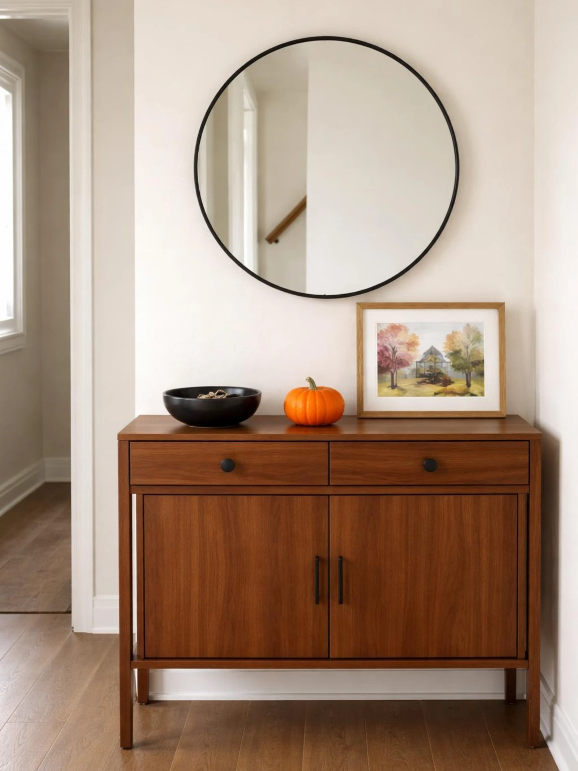 Halloween entry console decor pairs a walnut table, black key bowl, orange pumpkin, and seasonal art beneath a round mirror.