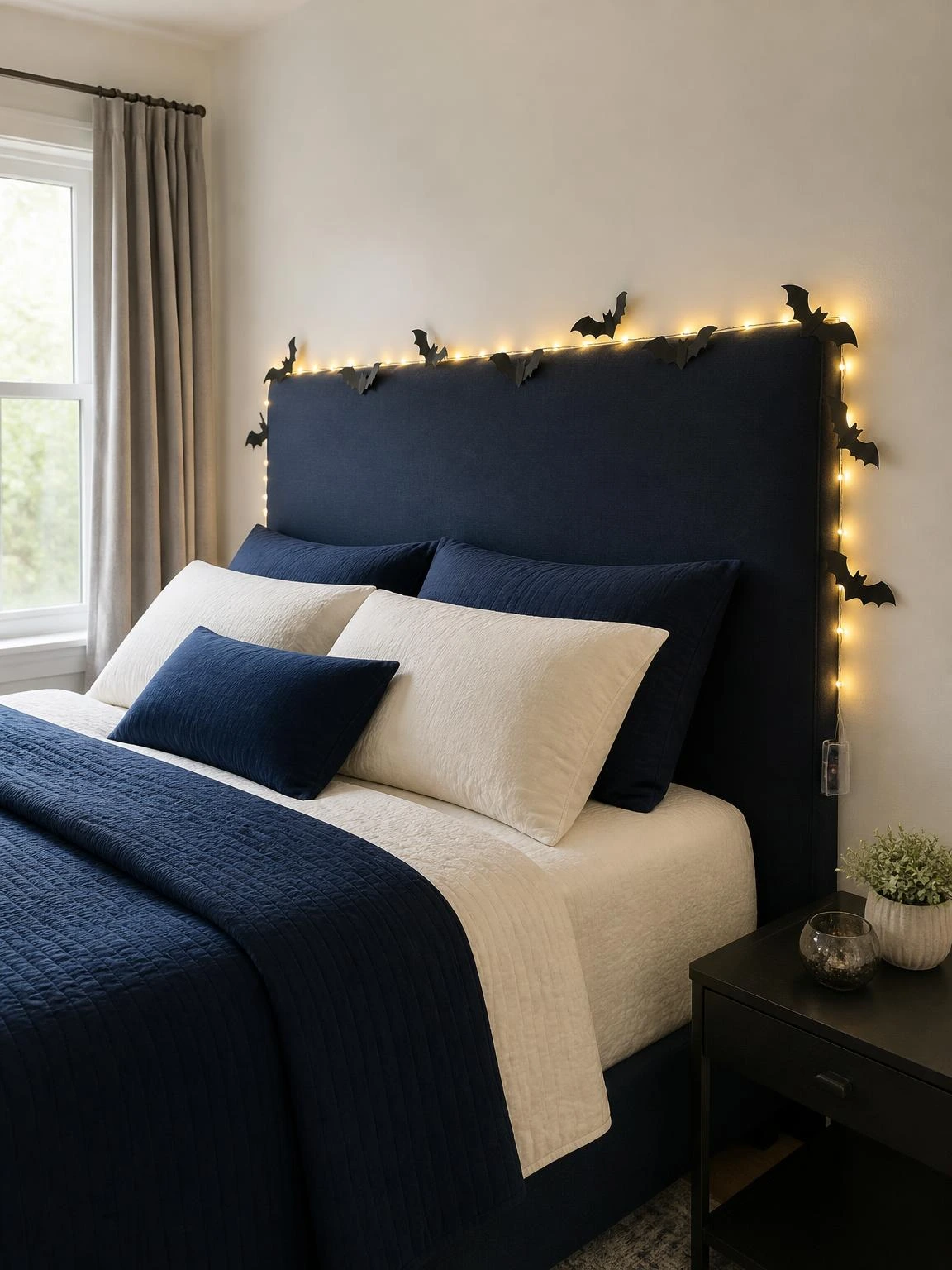 Navy headboard edged with warm fairy lights and clipped black bats for cheap DIY Halloween bedroom decor