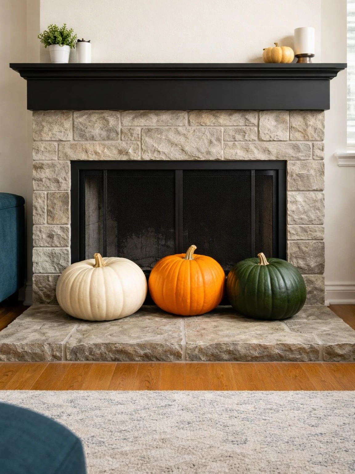Halloween decor ideas for the home featuring white, orange, and dark green pumpkins beneath a black mantel