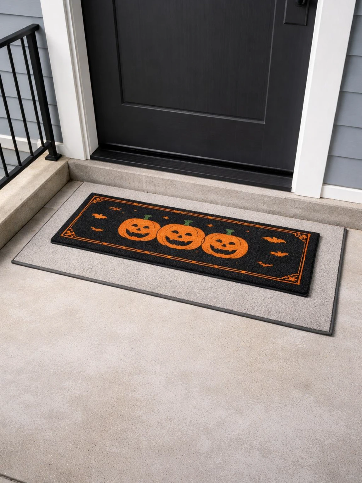 Layered Halloween front porch doormat over a larger outdoor mat at a covered modern entryway