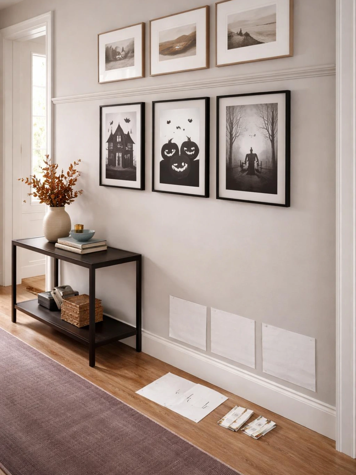 Halloween gallery wall with three temporary black-and-white prints, placement templates, and removable hanging strips in a modern hallway