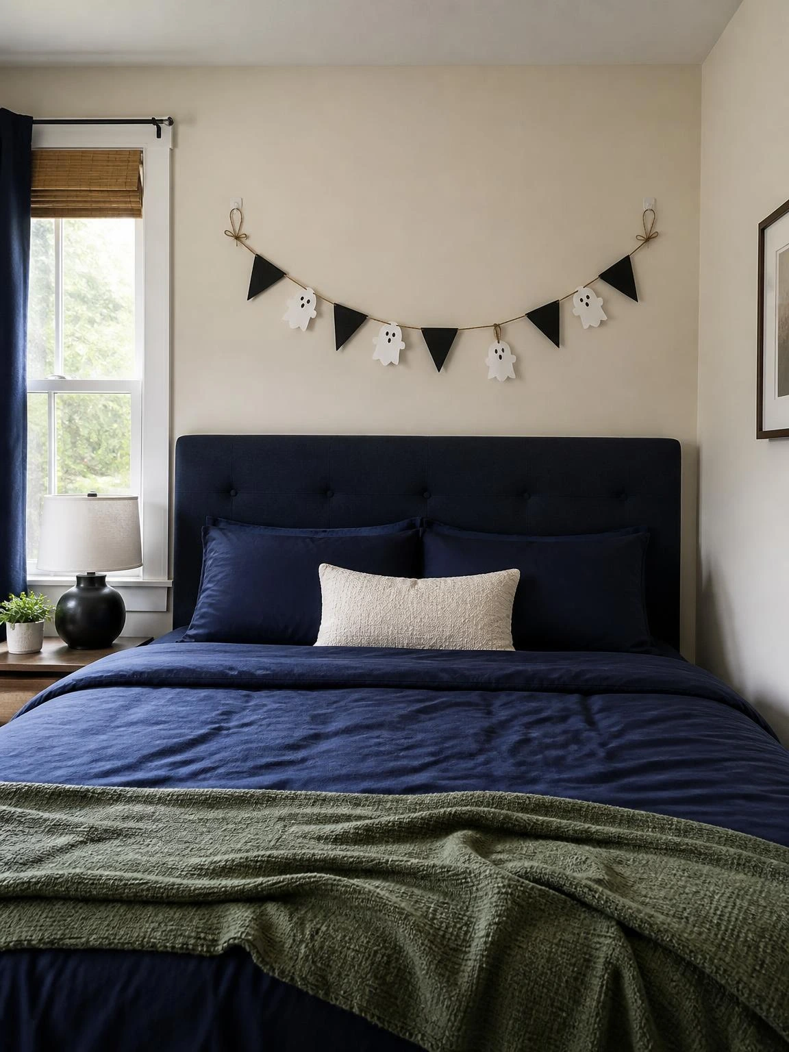 Navy headboard decorated with a black and ivory Halloween garland, a budget-friendly DIY Halloween bedroom decor idea