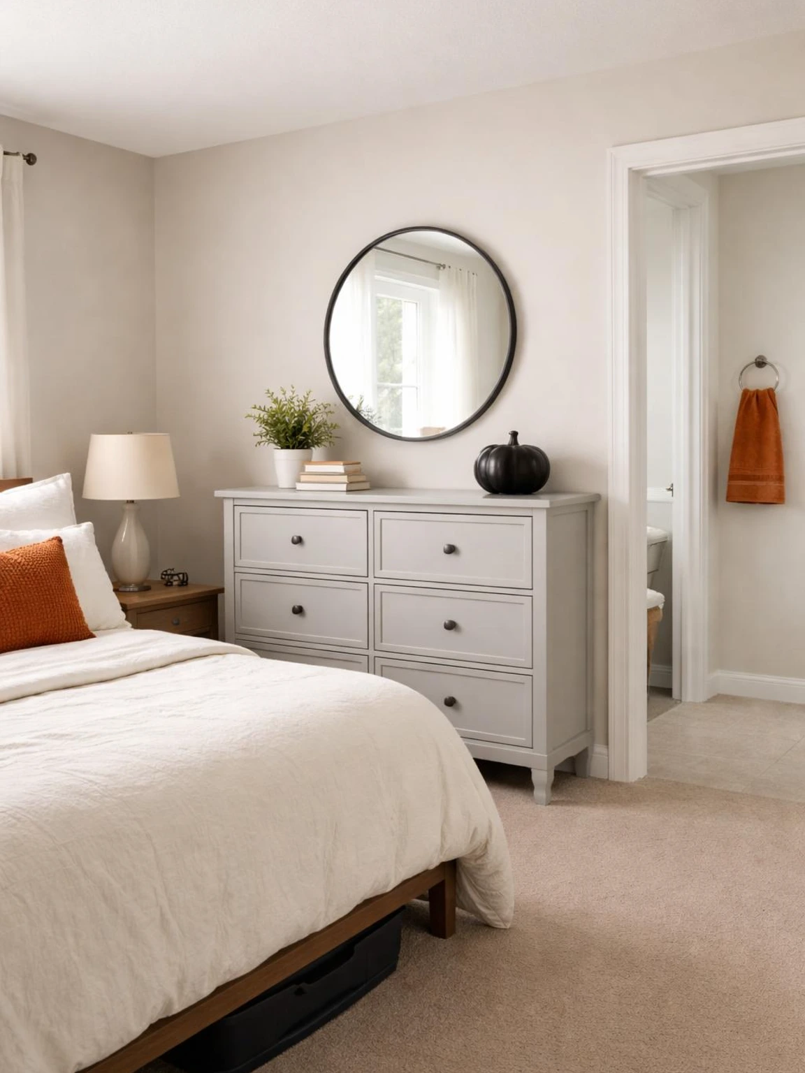 Halloween guest room decor with a black ceramic pumpkin on a painted dresser and rust-orange towel in the ensuite
