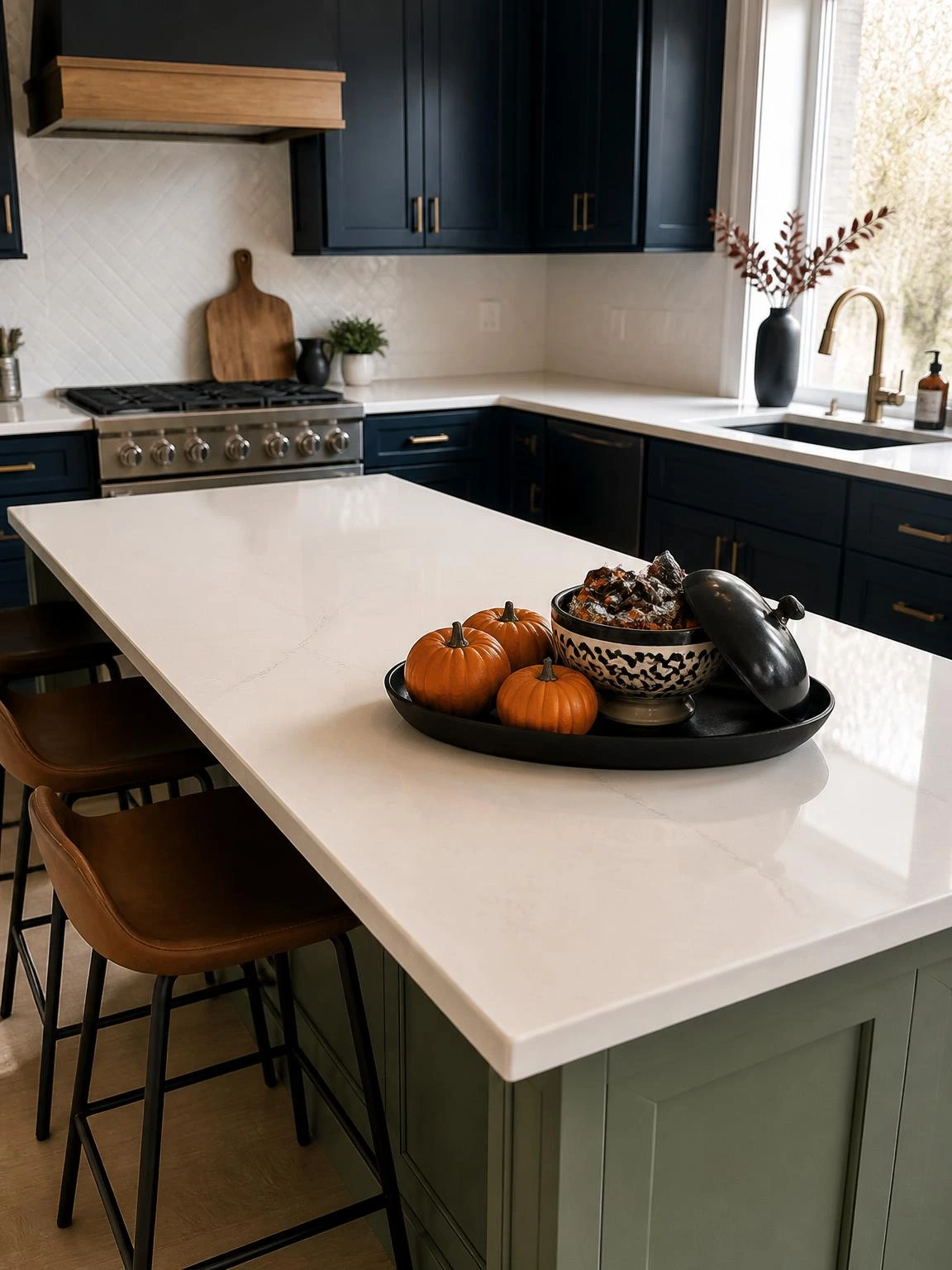 Halloween kitchen island with a black tray of mini pumpkins and covered candy bowl, leaving quartz prep space open