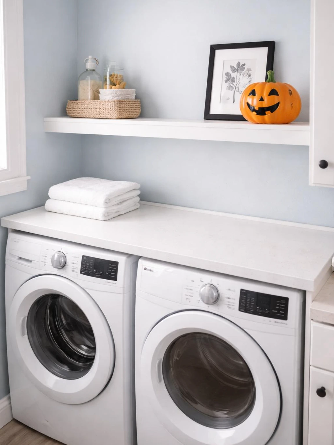 Orange ceramic pumpkin accents a bright laundry room shelf above the washer and dryer, a simple Halloween decor idea for the home