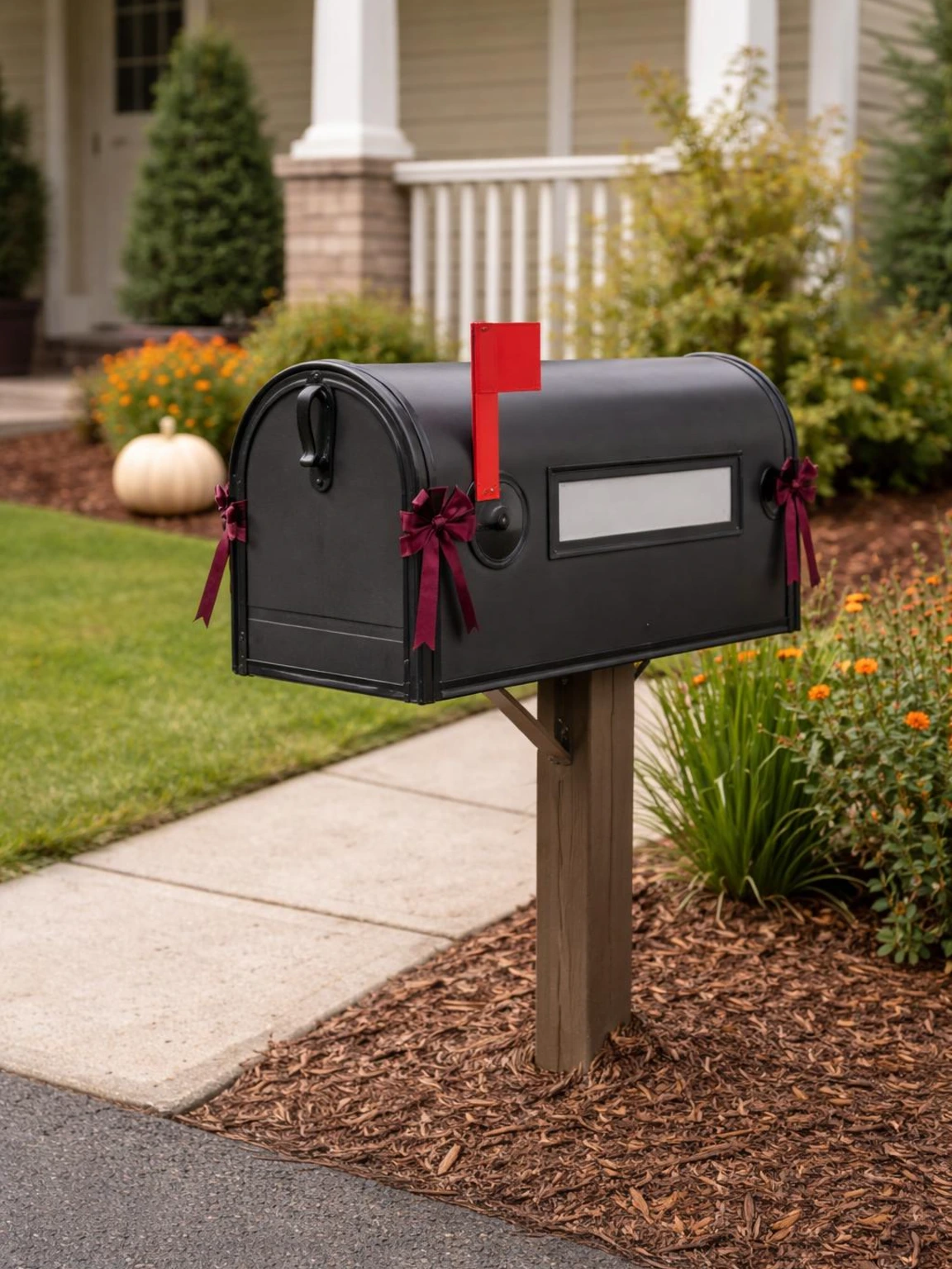 Removable Halloween mailbox decoration with a charcoal vinyl sleeve and burgundy ties, leaving the flag and mail access clear