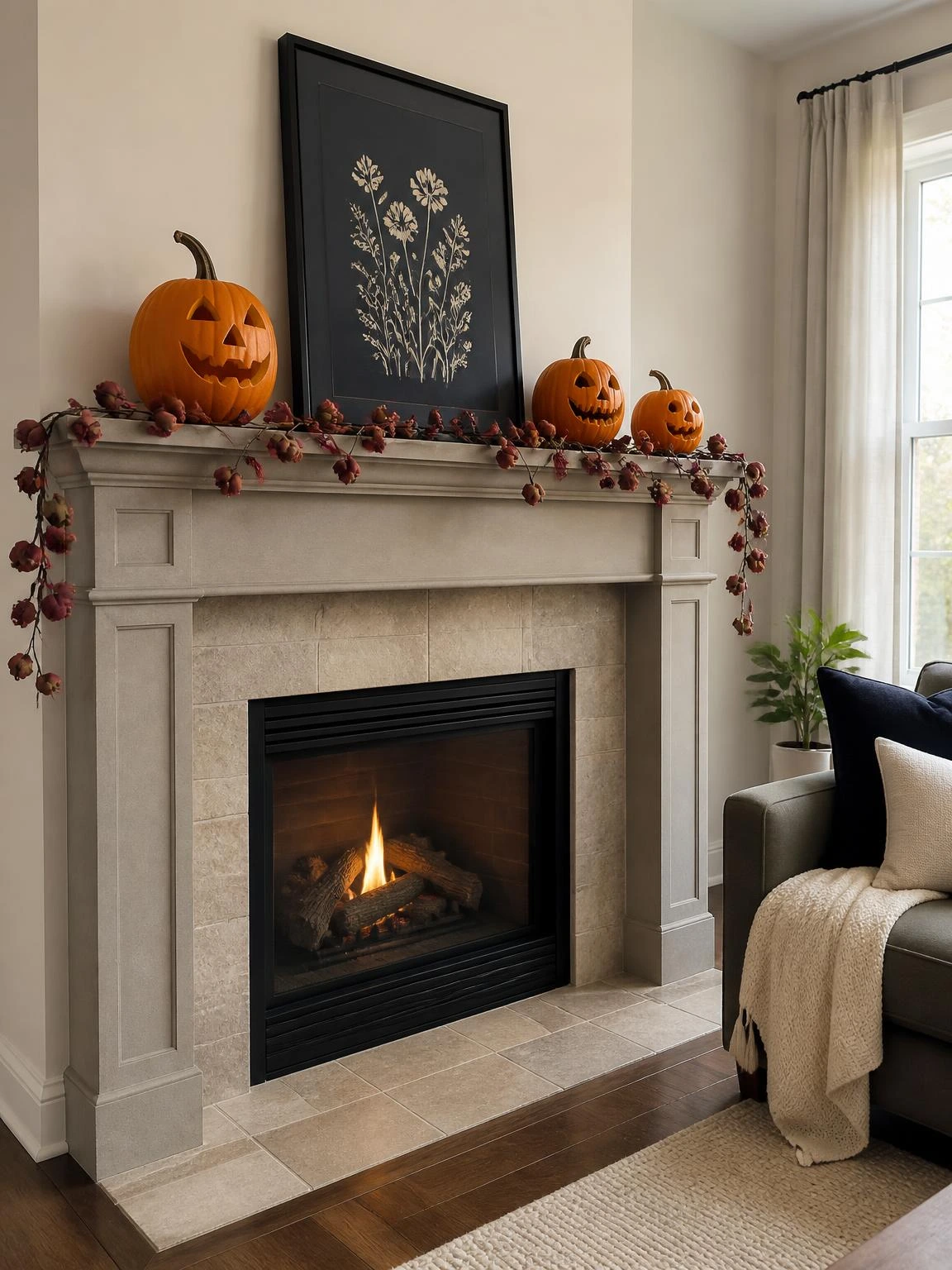 Halloween mantel decor with three carved pumpkins, burgundy garland, and framed seasonal art above an unobstructed fireplace