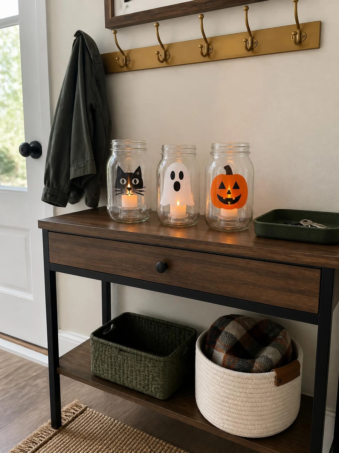Three Halloween mason jar lanterns with cat, ghost, and pumpkin faces glow on an entryway console for an easy DIY display