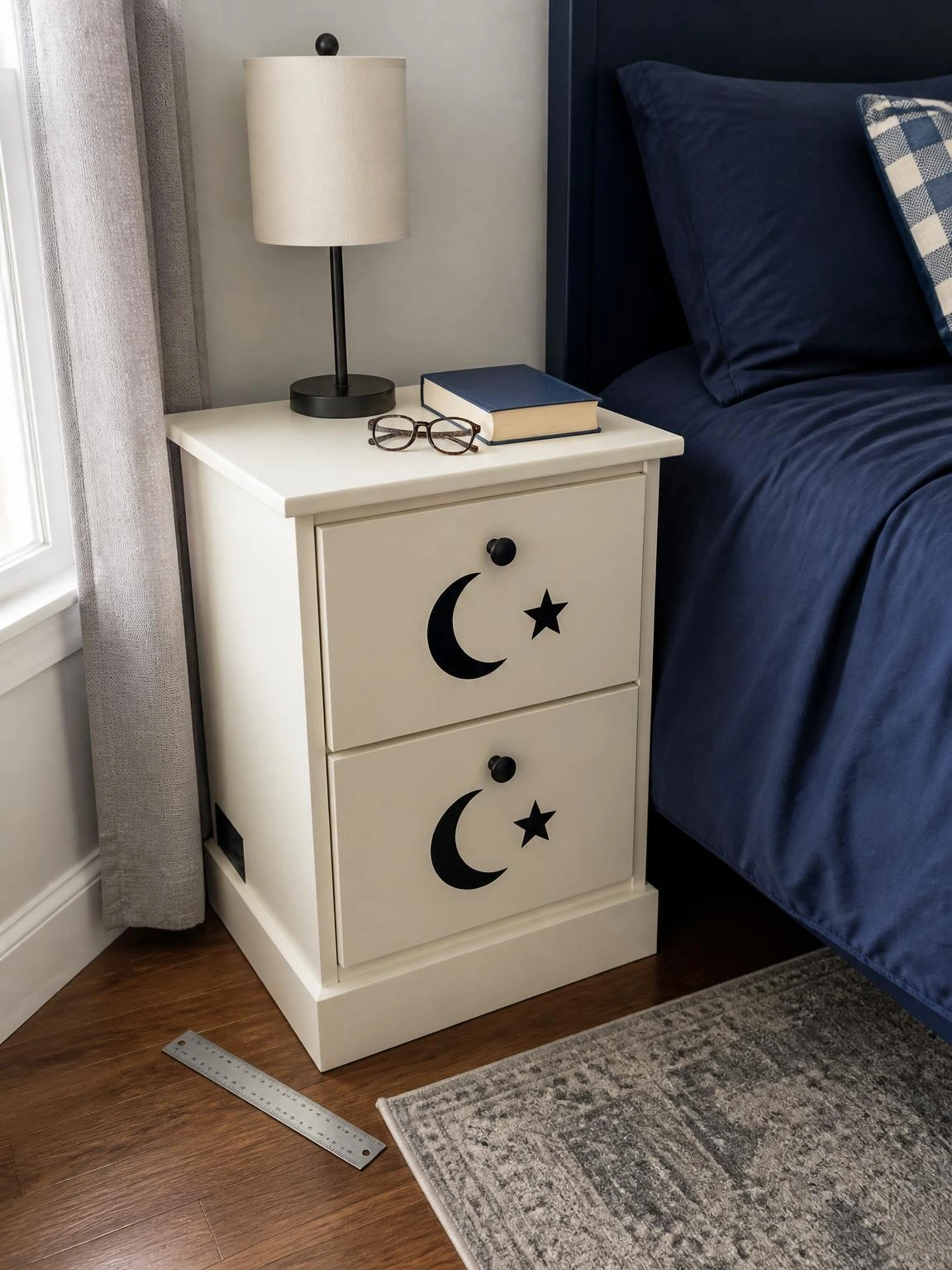 Ivory nightstand drawers with black crescent and star decals beside a navy bed, showing cheap DIY Halloween bedroom decor