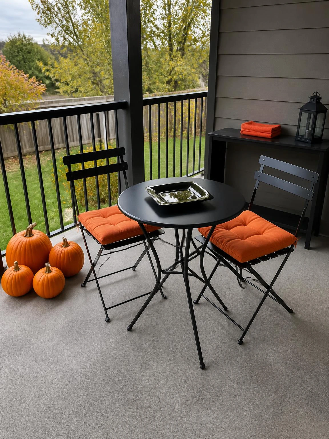 Halloween outdoor seating decor with orange-padded bistro chairs, black tray, and pumpkins arranged neatly on a covered patio
