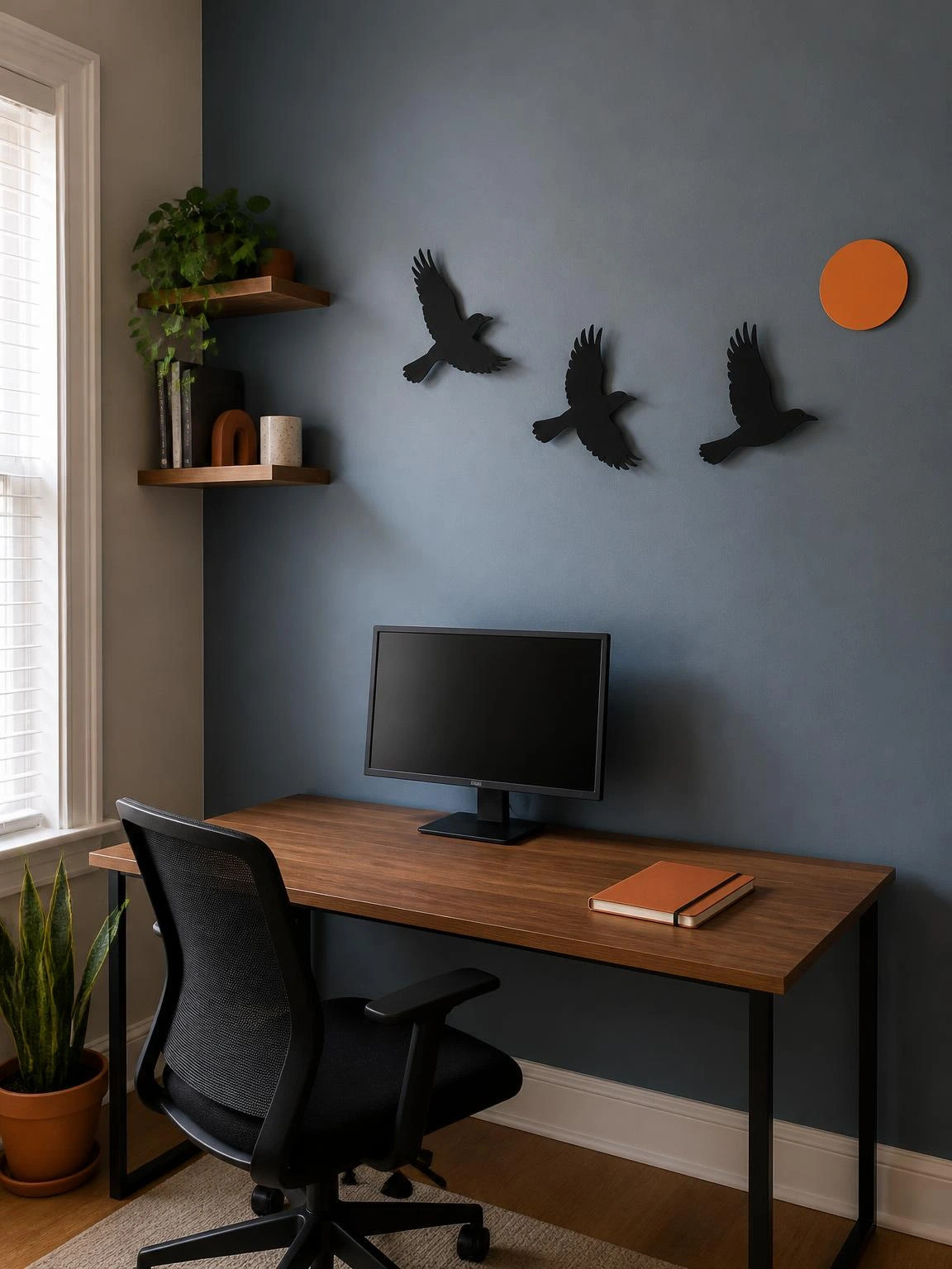 Three matte-black paper crow silhouettes fly toward an orange paper moon above a compact desk, a Halloween crafts DIY project for a home office wall.